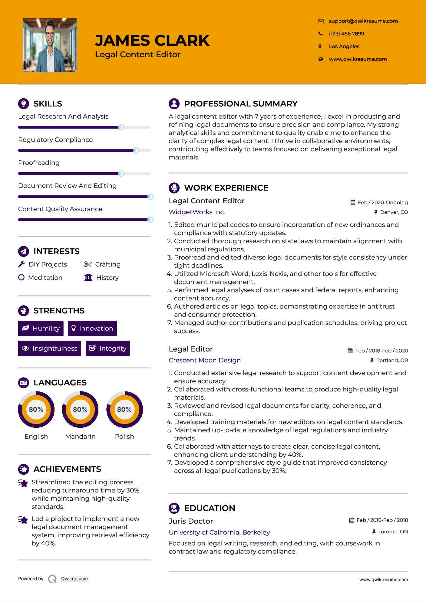 Legal Content Editor Resume Model