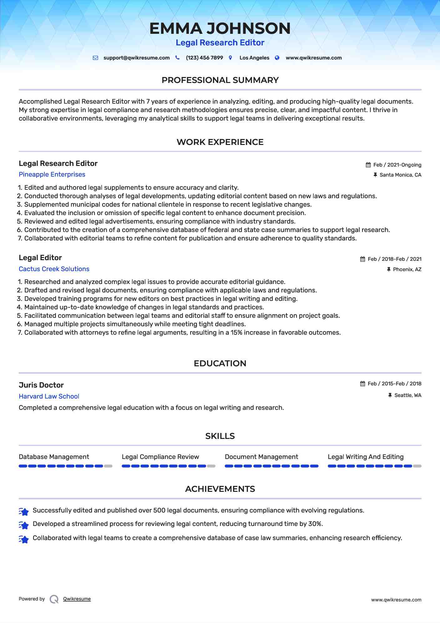 Legal Research Editor Resume Sample
