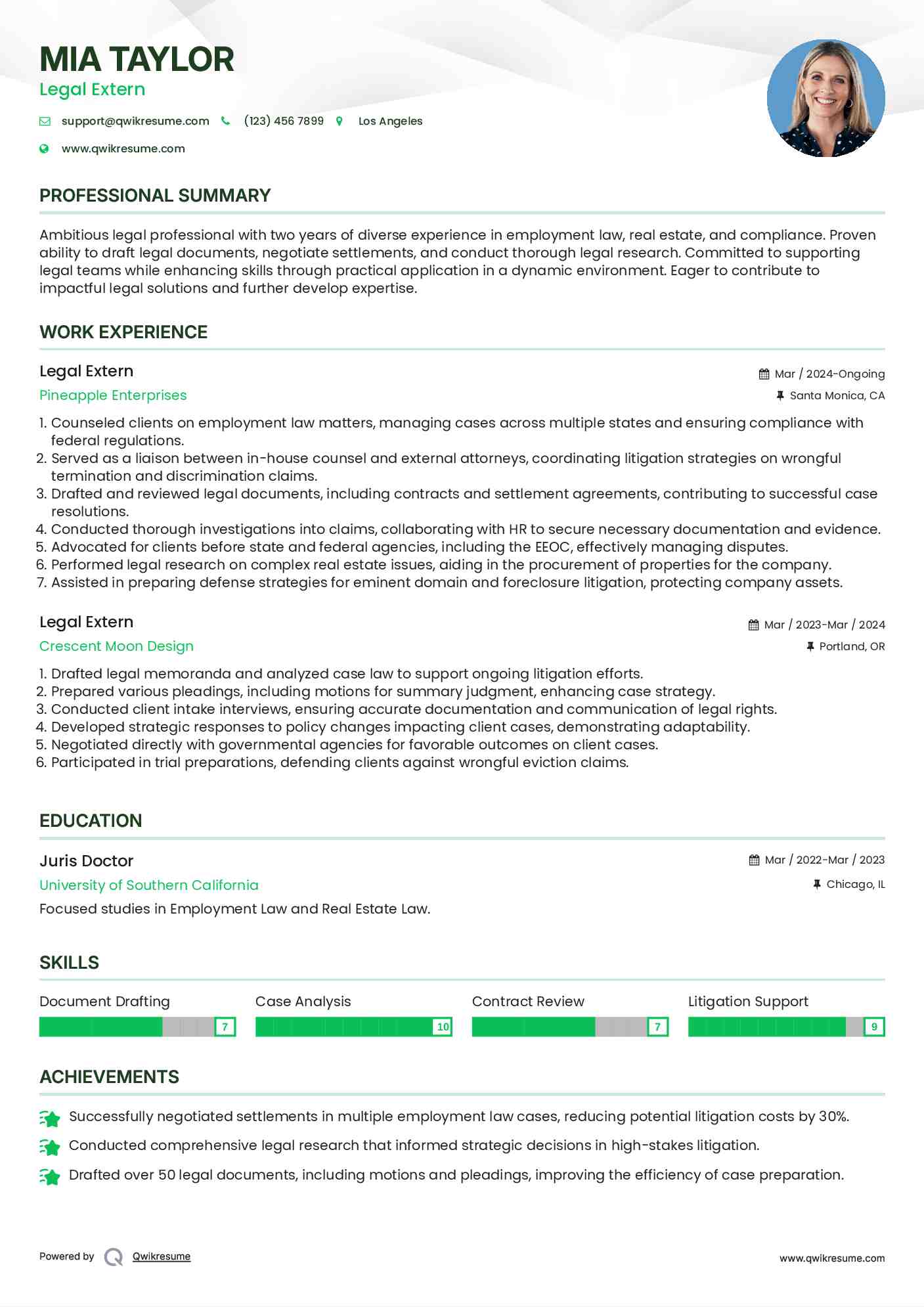 Legal Extern Resume Format