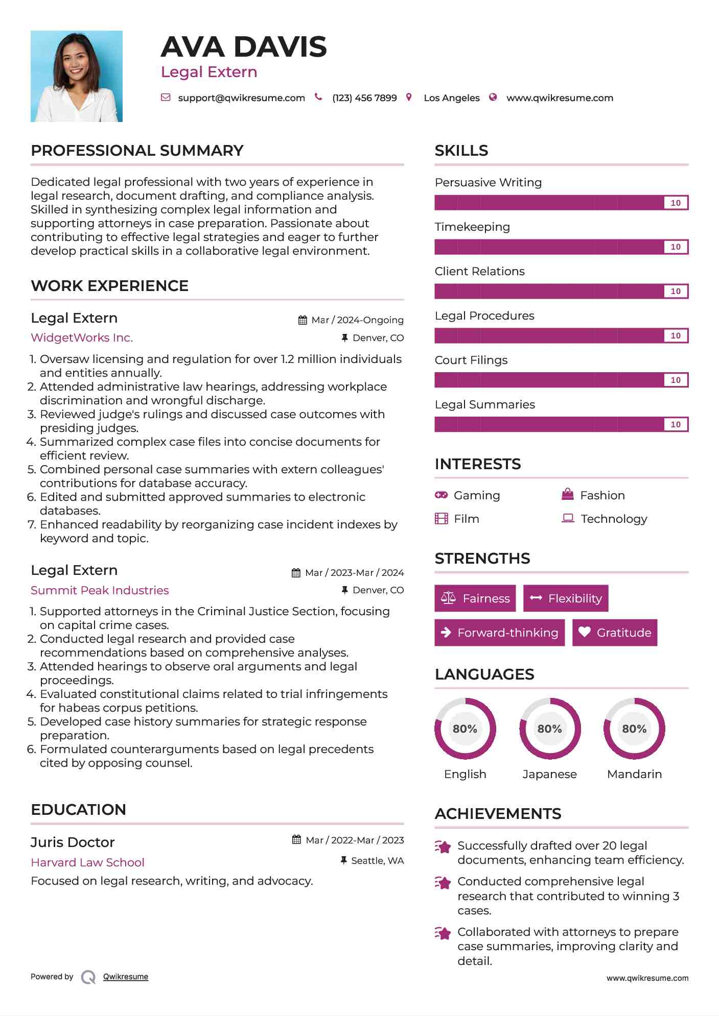 Legal Extern Resume Model