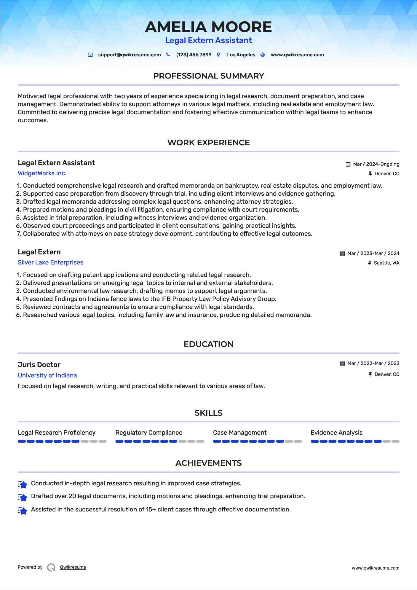 Legal Extern Assistant Resume Sample