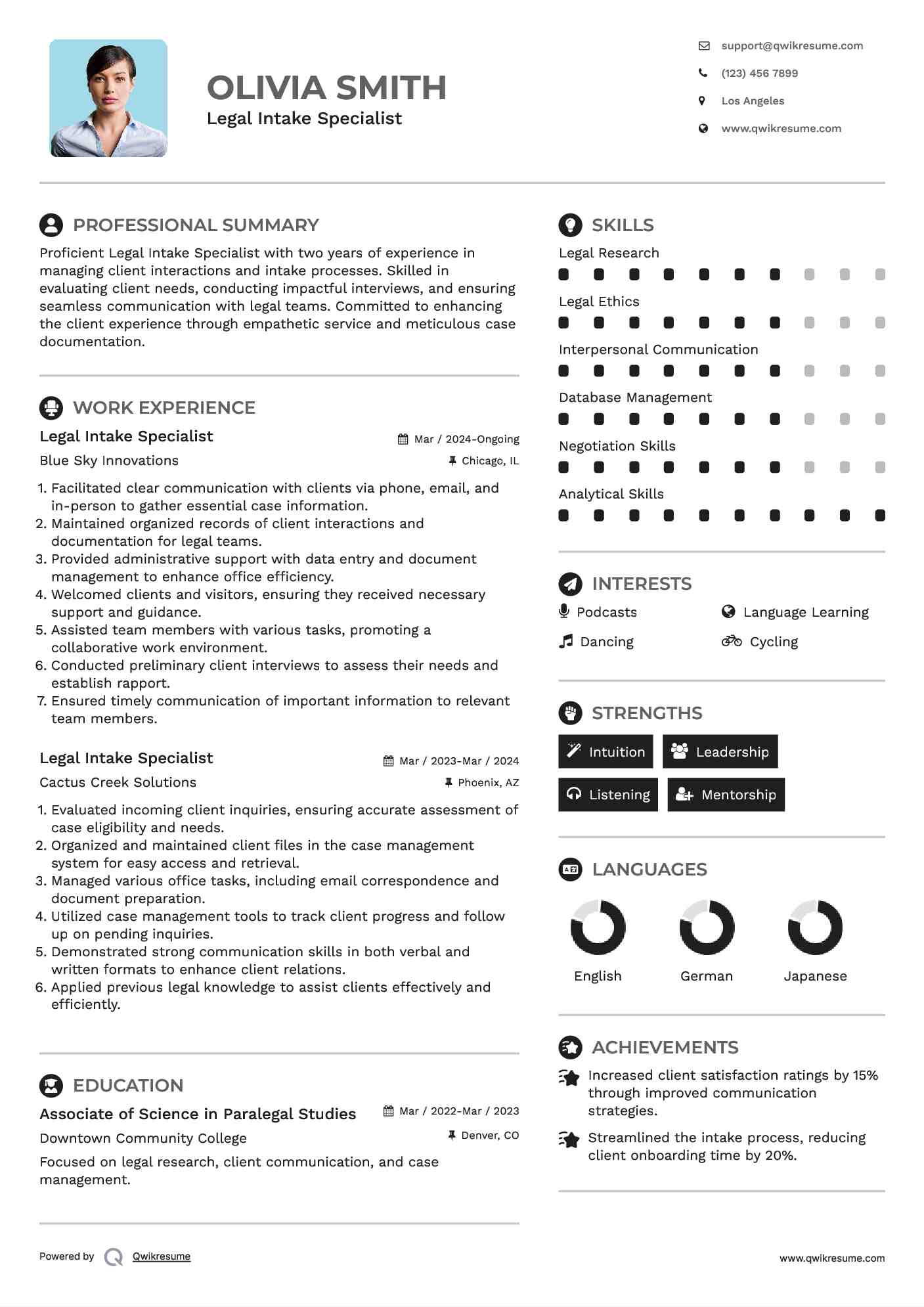 Legal Intake Specialist Resume Template