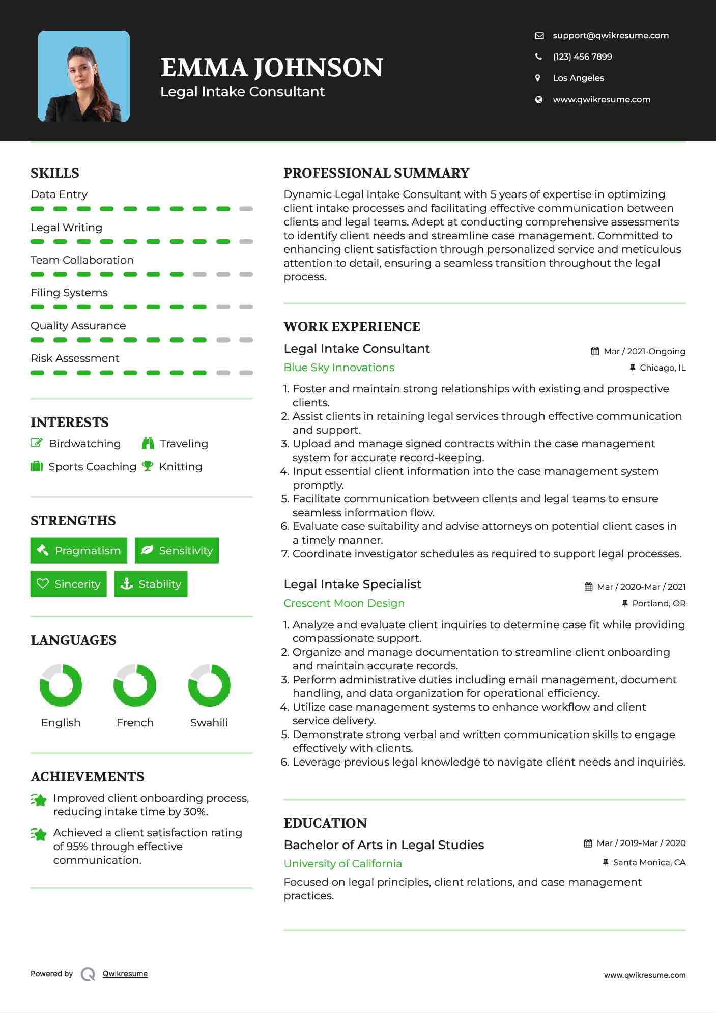 Legal Intake Consultant Resume Sample