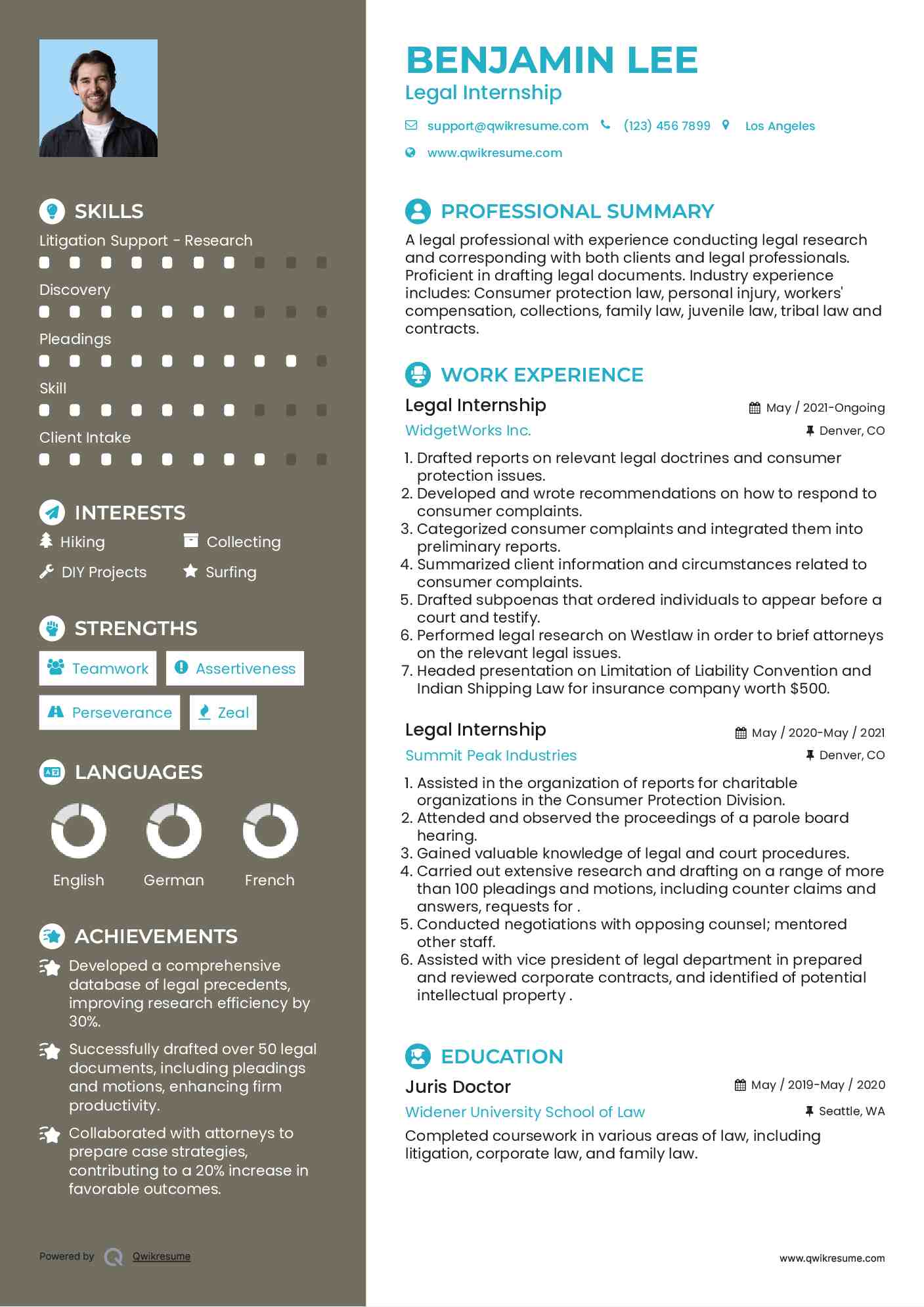 Legal Internship Resume Model