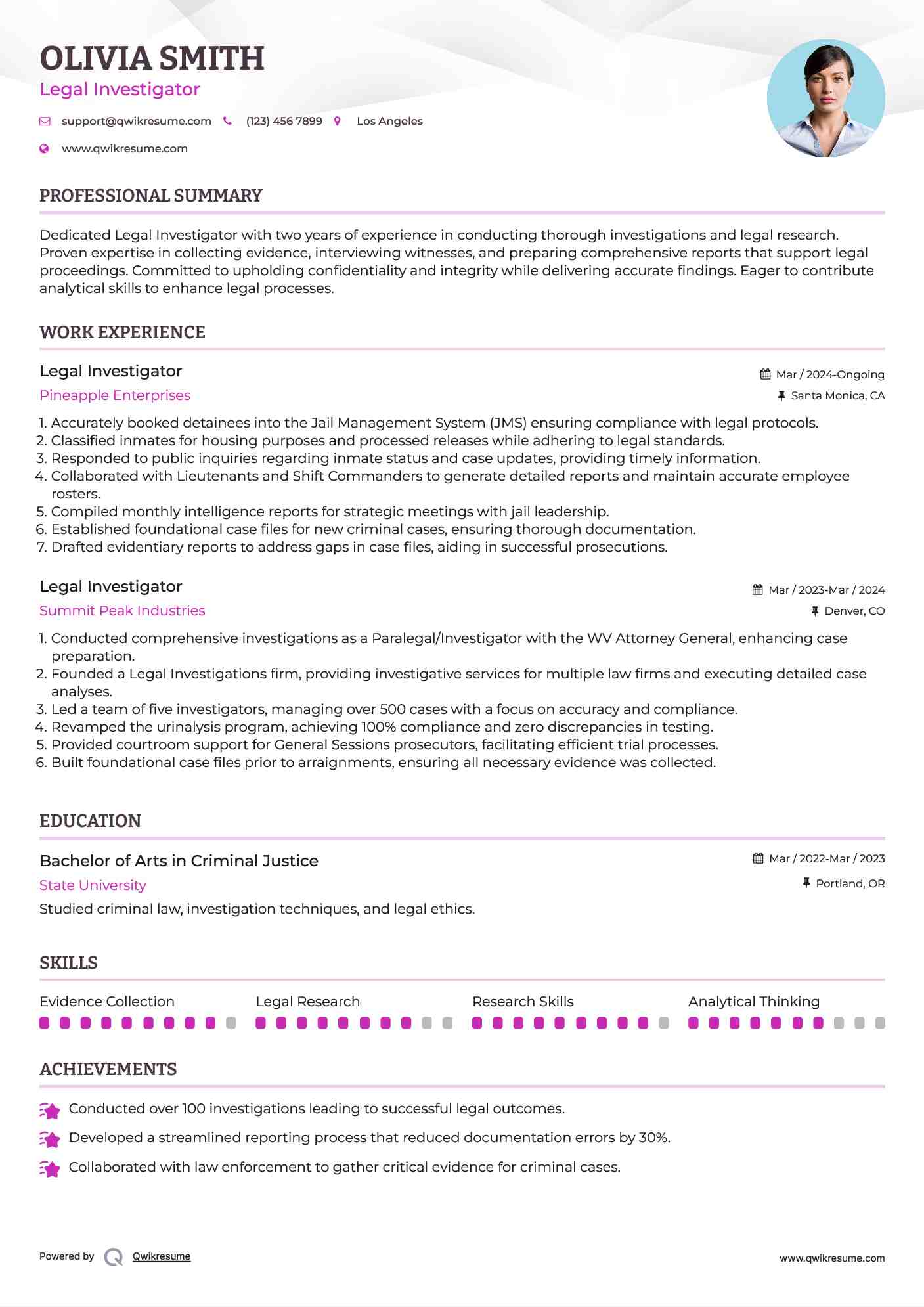 Legal Investigator Resume Sample