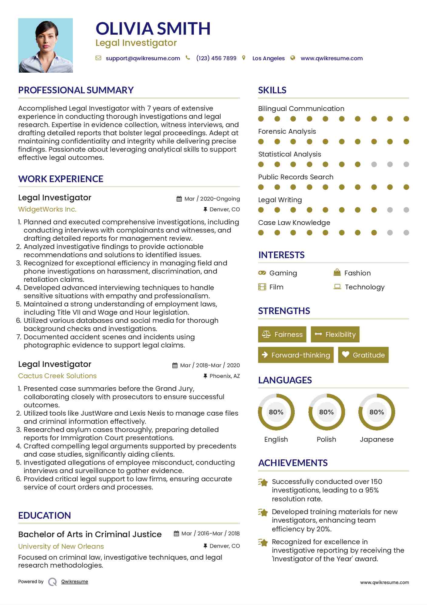 Legal Investigator Resume Sample