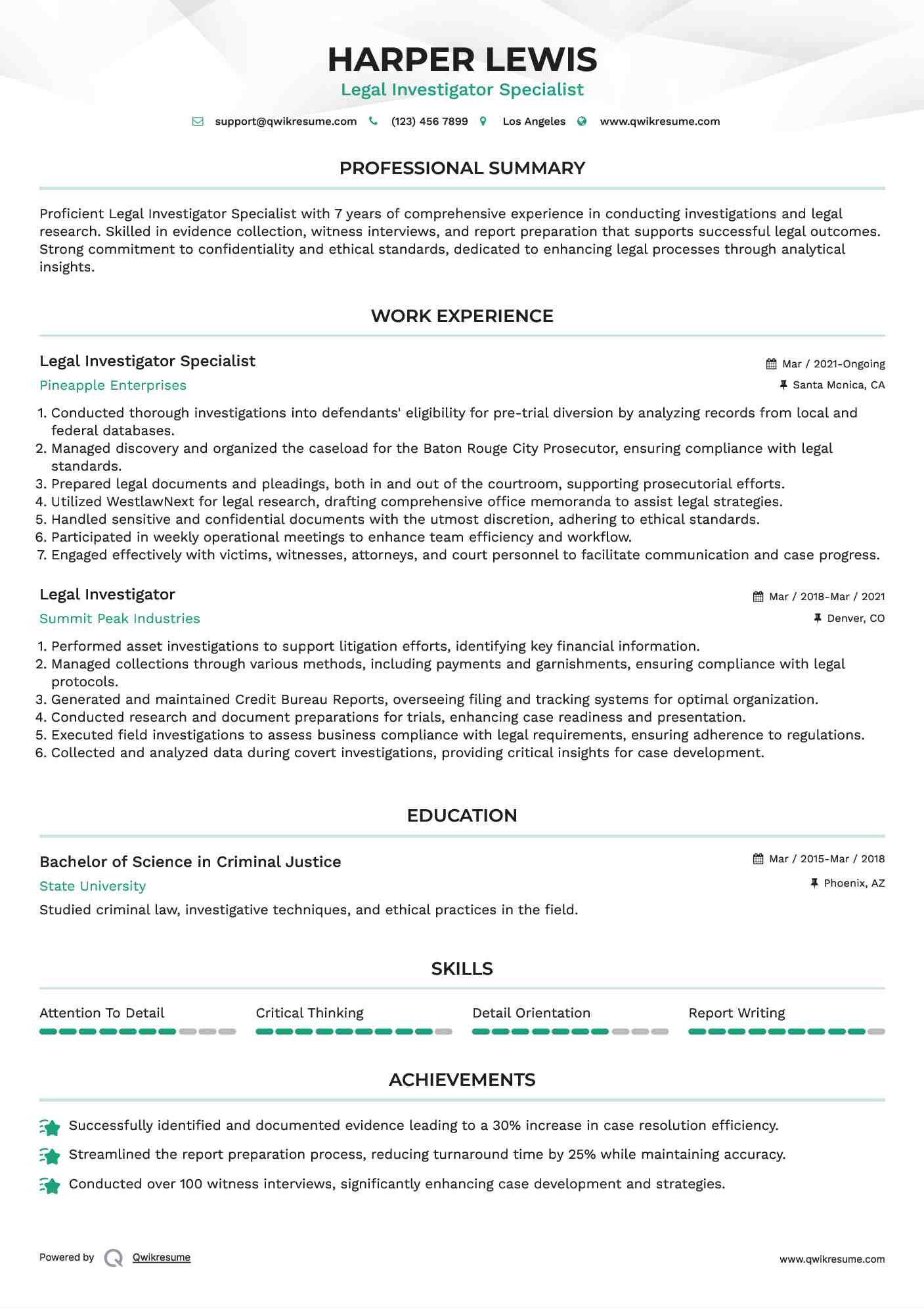 Legal Investigator Specialist Resume Format