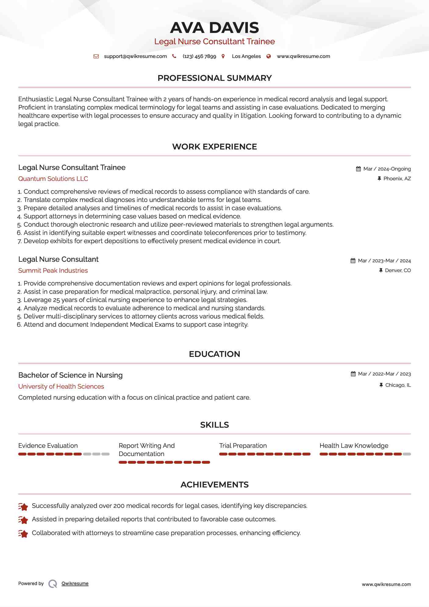 Legal Nurse Consultant Trainee Resume Sample
