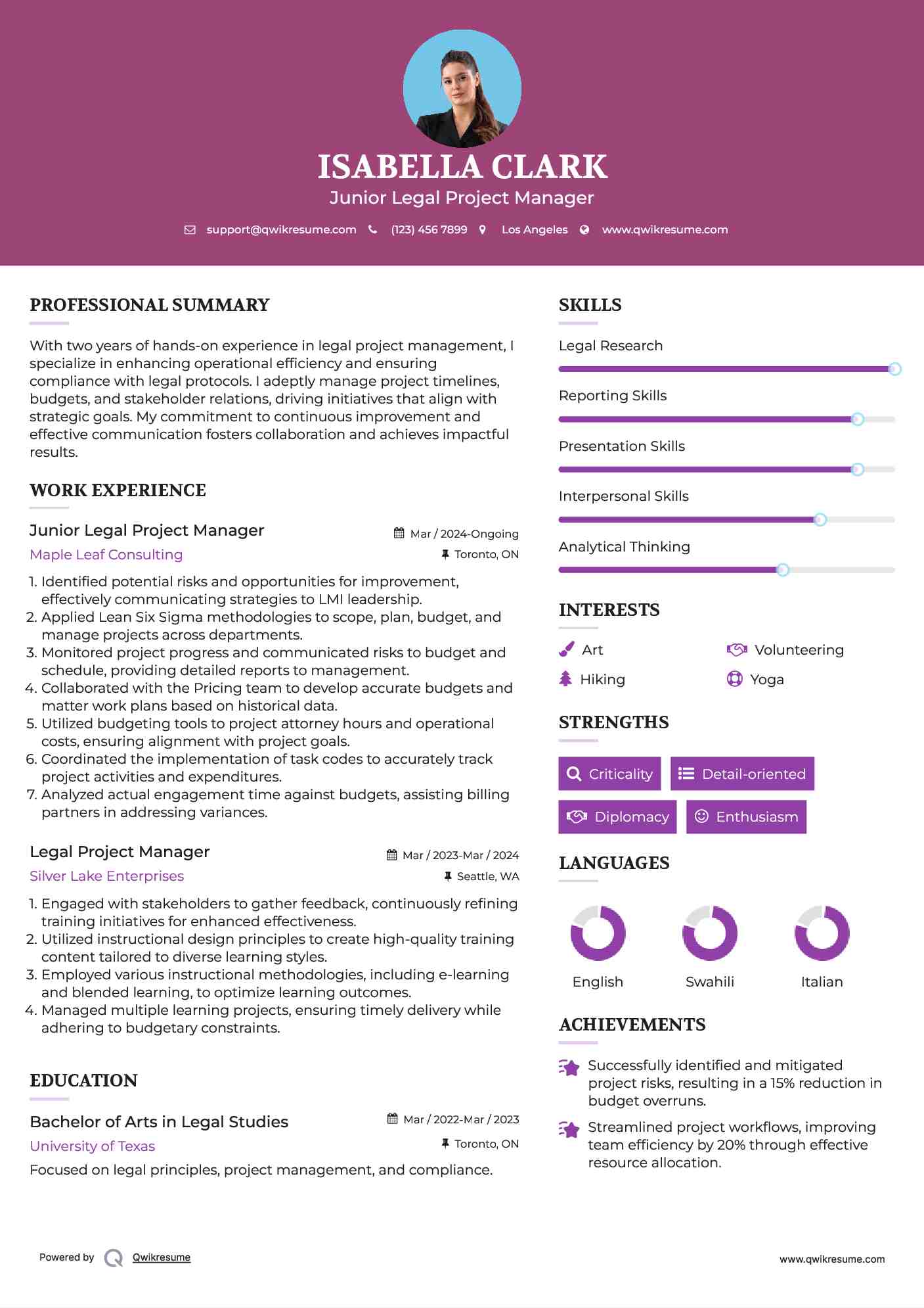 Junior Legal Project Manager Resume Sample