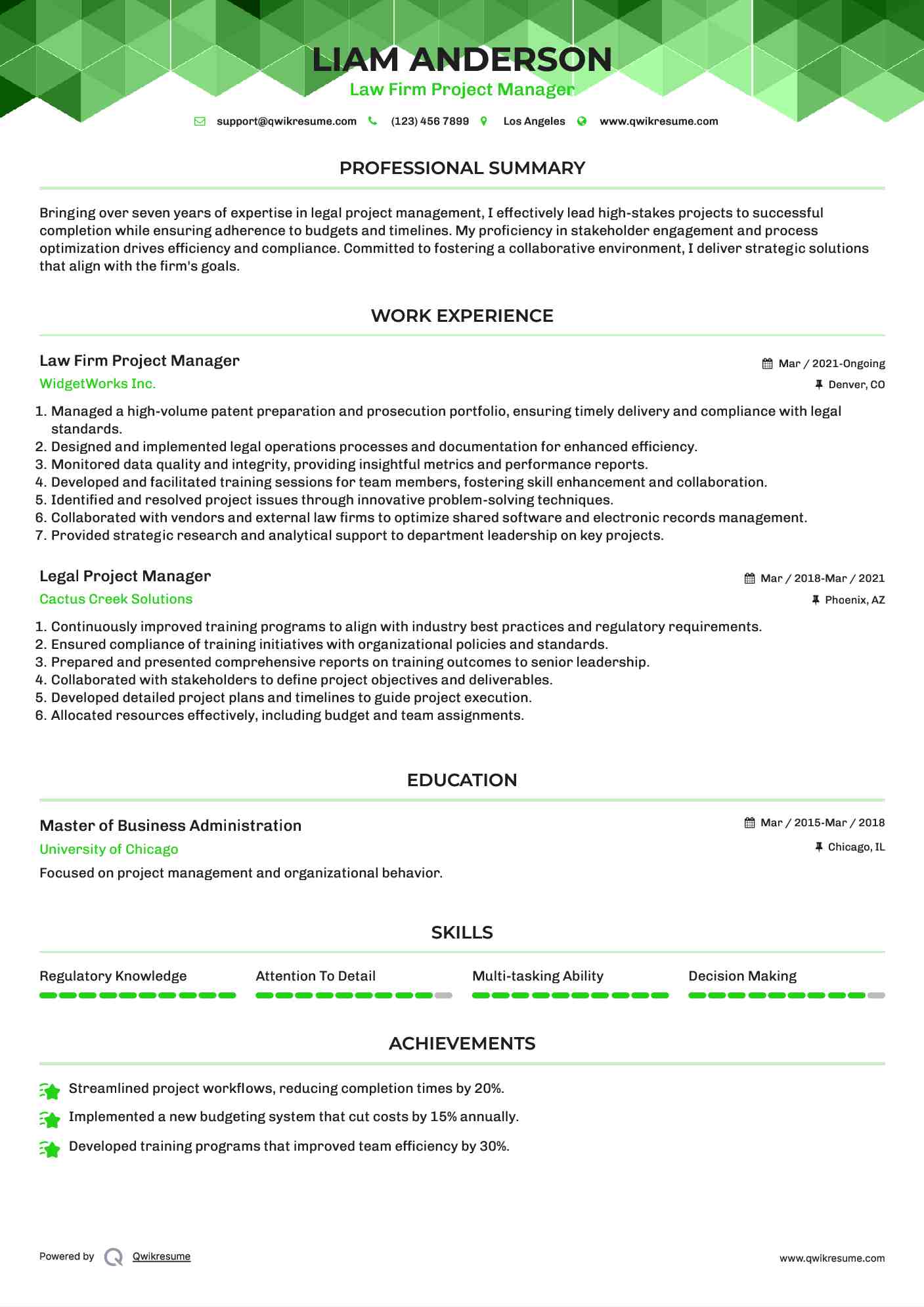 Law Firm Project Manager Resume Sample