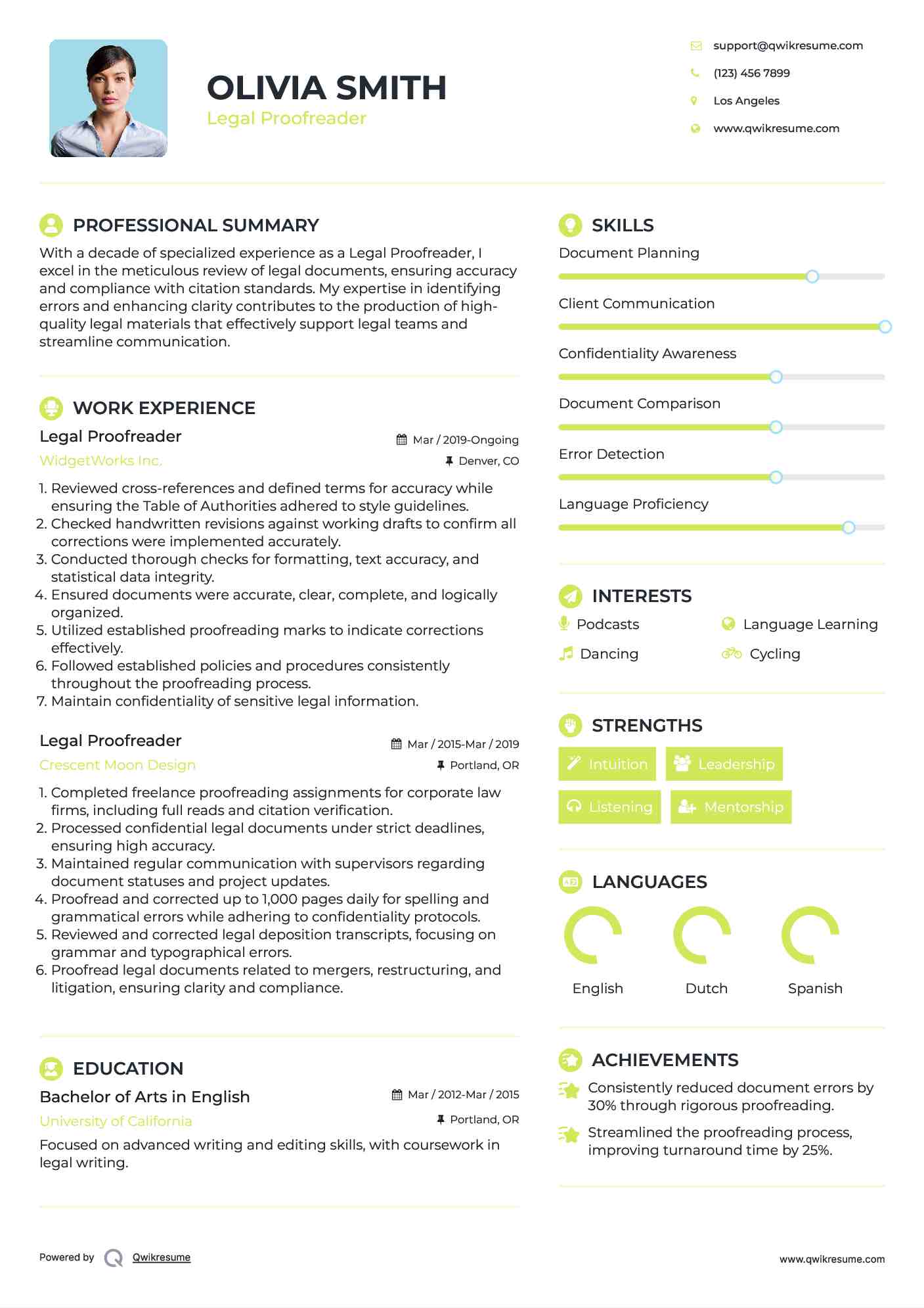 Legal Proofreader Resume Example