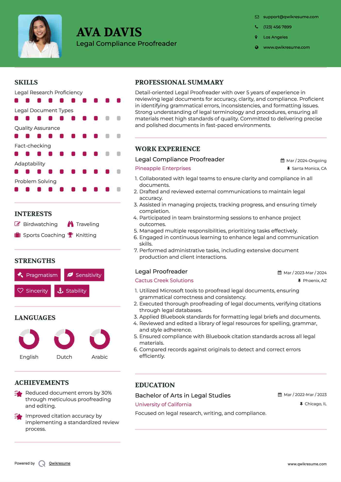 Legal Compliance Proofreader Resume Format