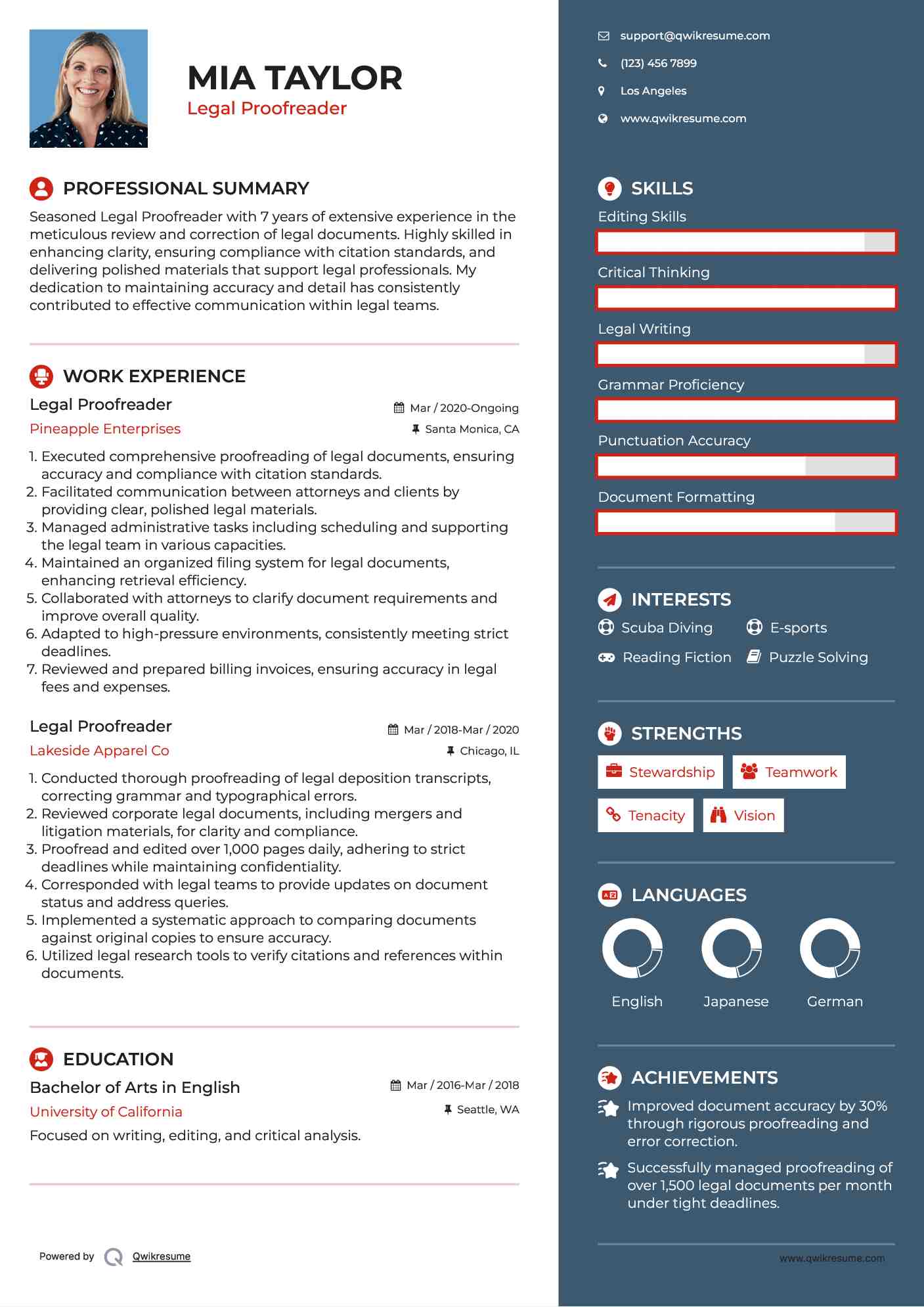 Legal Proofreader Resume Model