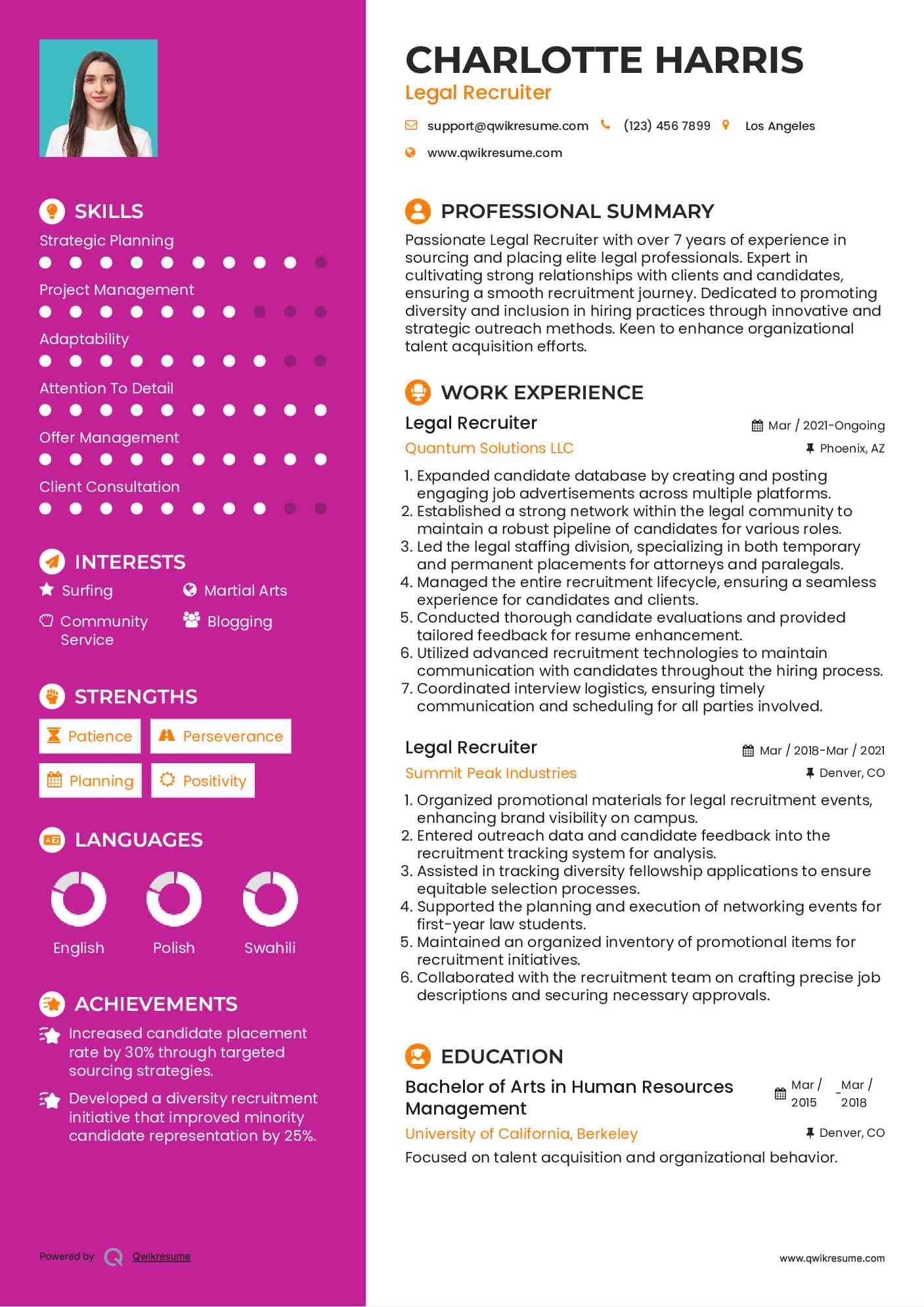 Legal Recruiter Resume Example