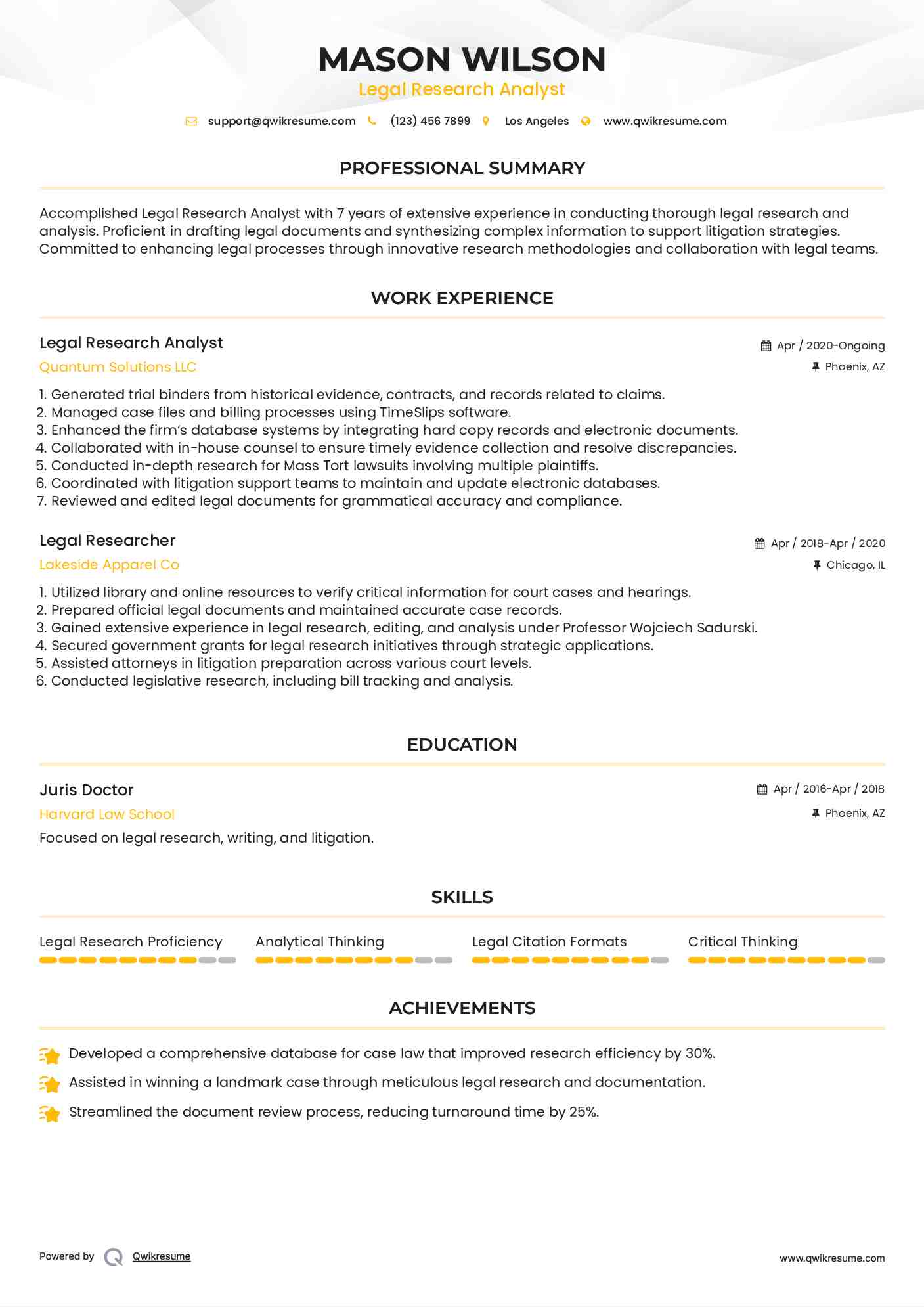 Legal Research Analyst Resume Example