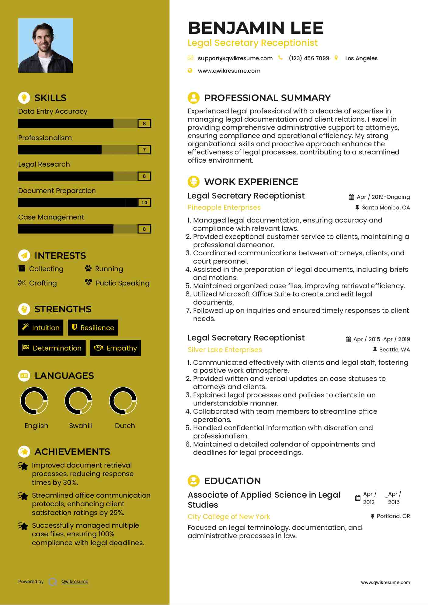 Legal Secretary Receptionist Resume Template