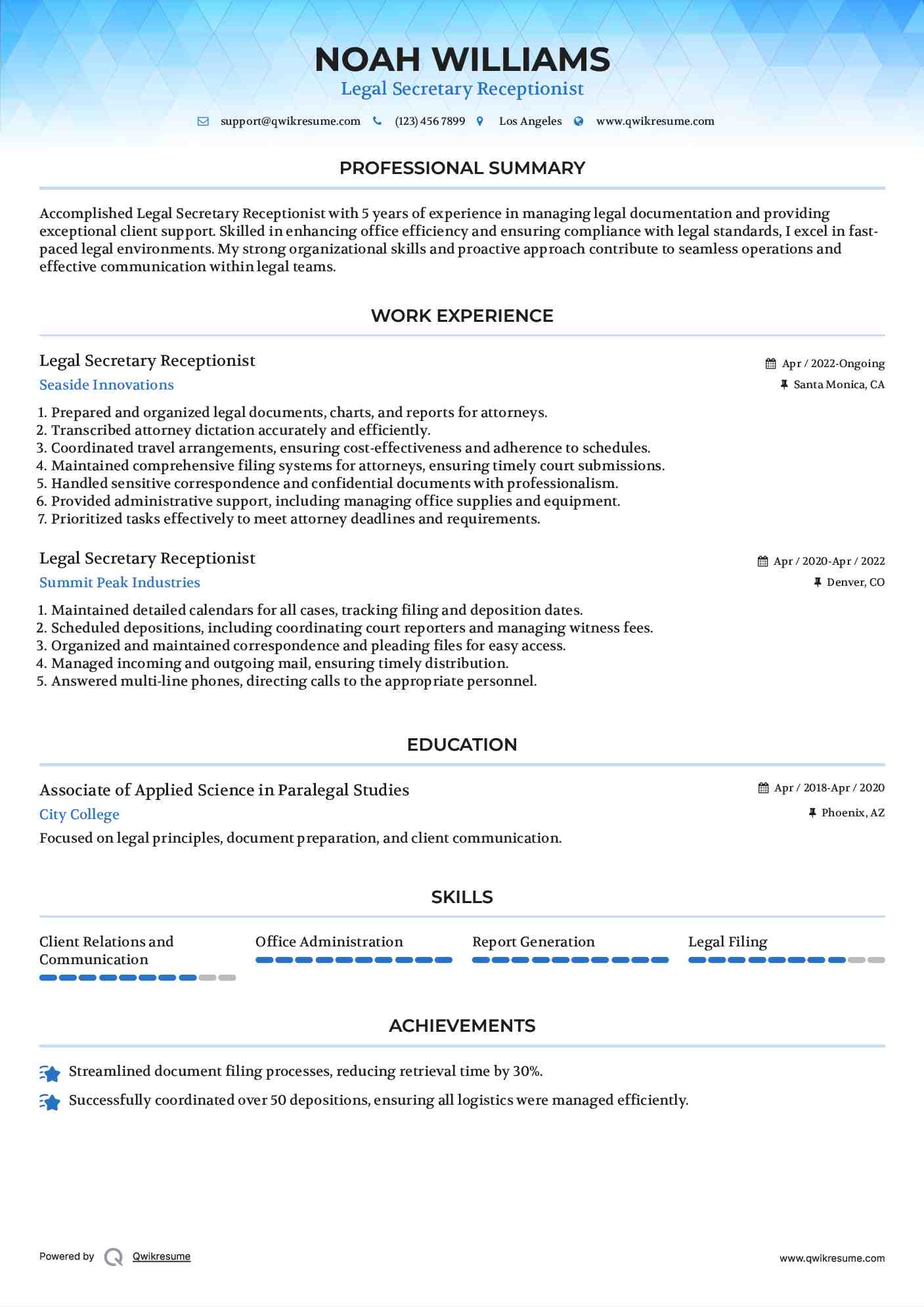 Legal Secretary Receptionist Resume Template