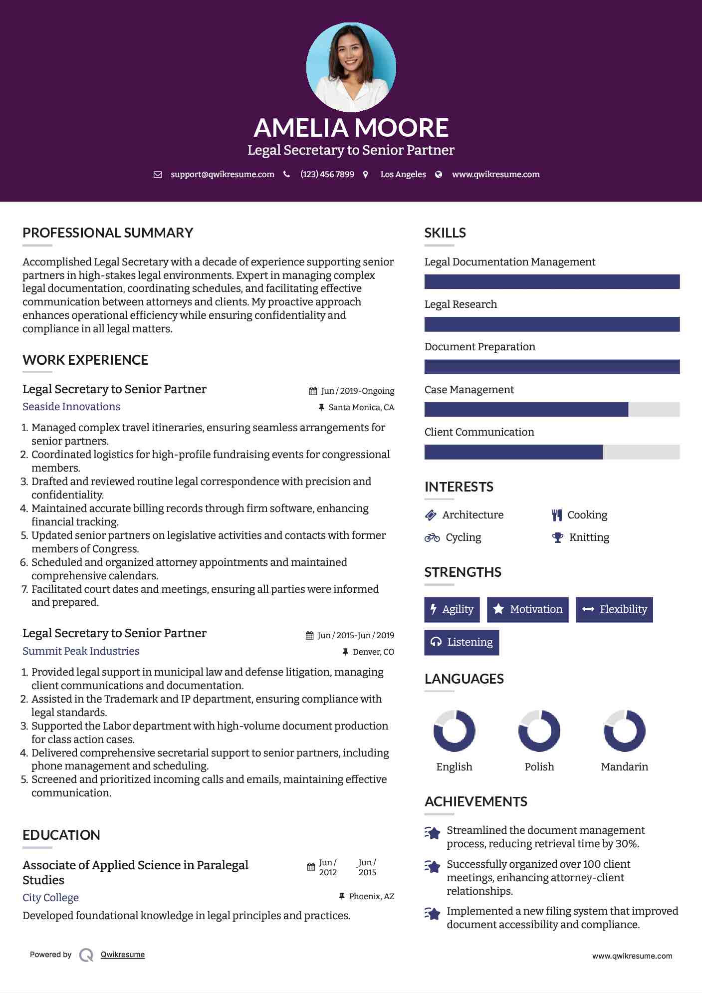 Legal Secretary to Senior Partner Resume Sample