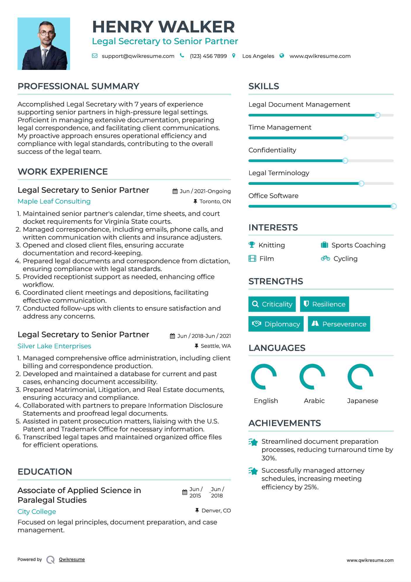 Legal Secretary to Senior Partner Resume Template