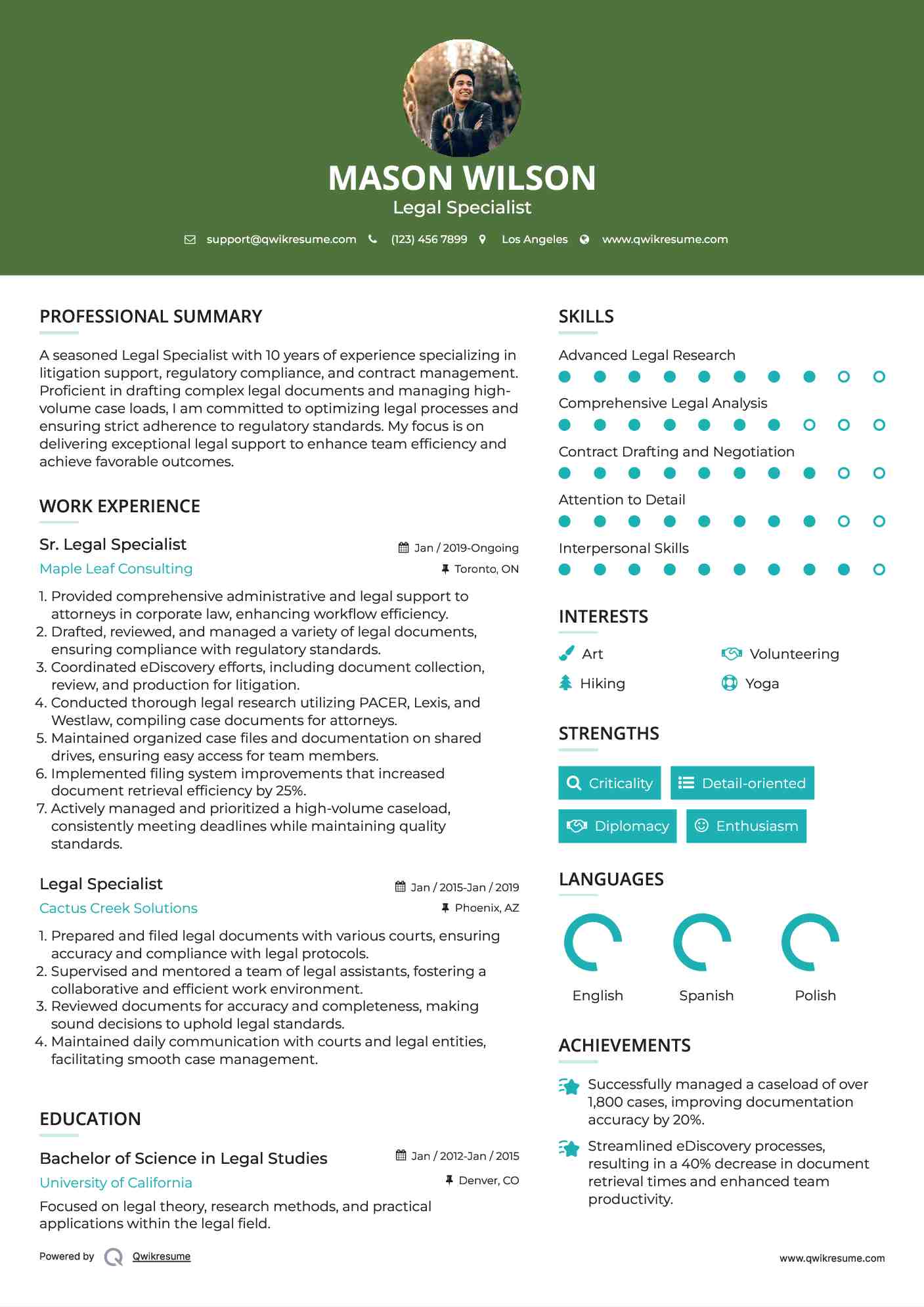 Sr. Legal Specialist Resume Model