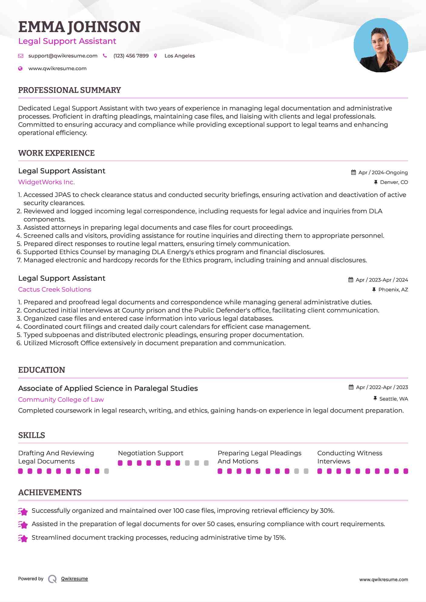 Legal Support Assistant Resume Example
