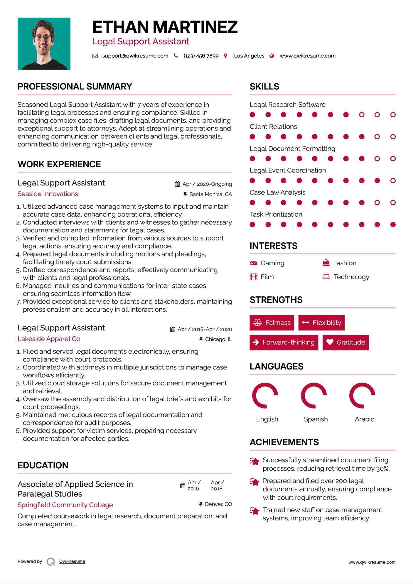 Legal Support Assistant Resume Example