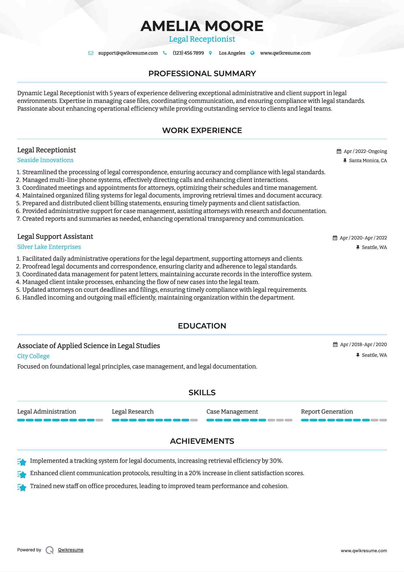 Legal Receptionist Resume Example
