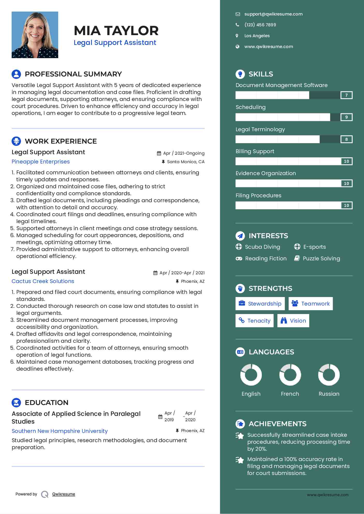 Legal Support Assistant Resume Model
