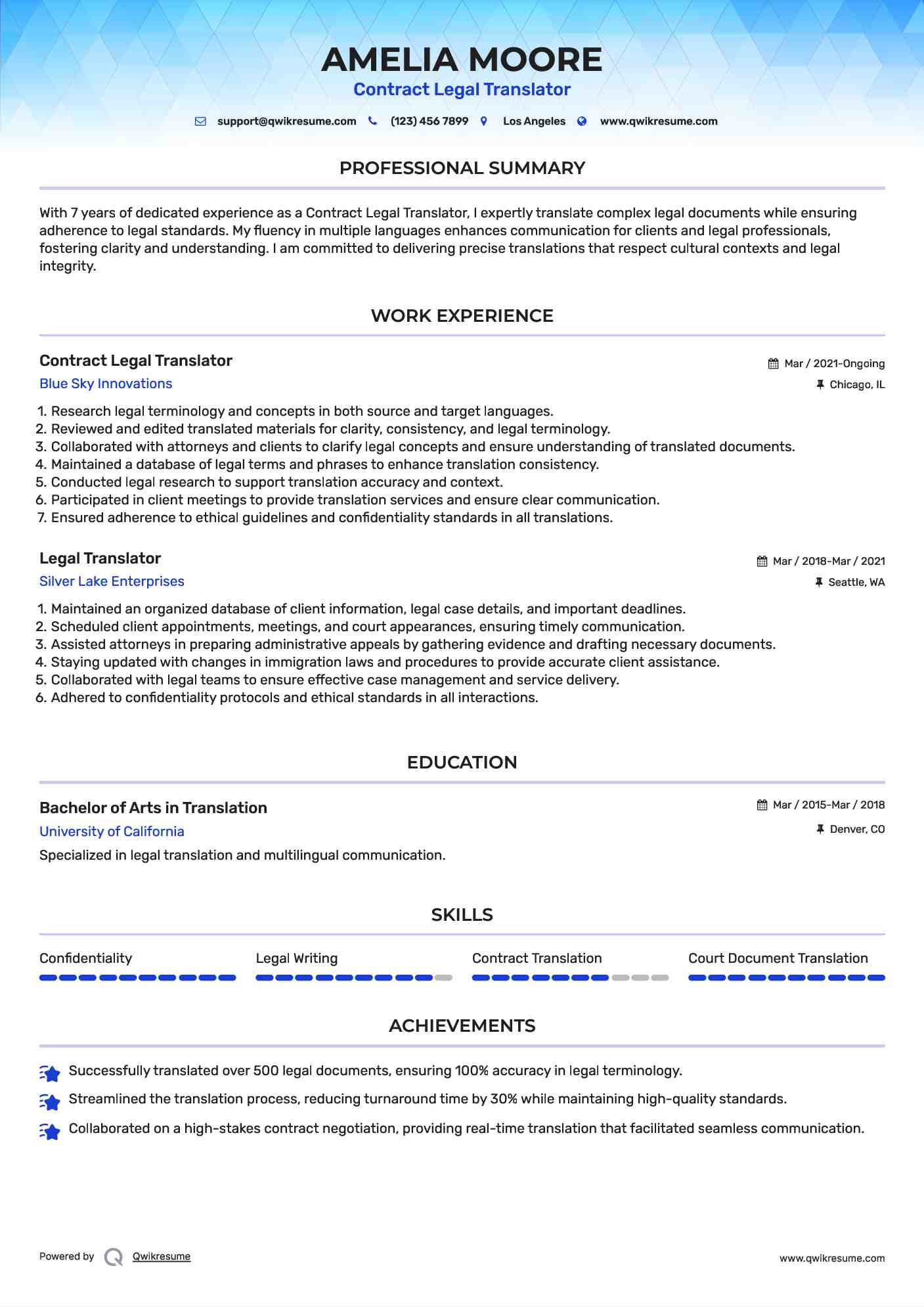 Contract Legal Translator Resume Model