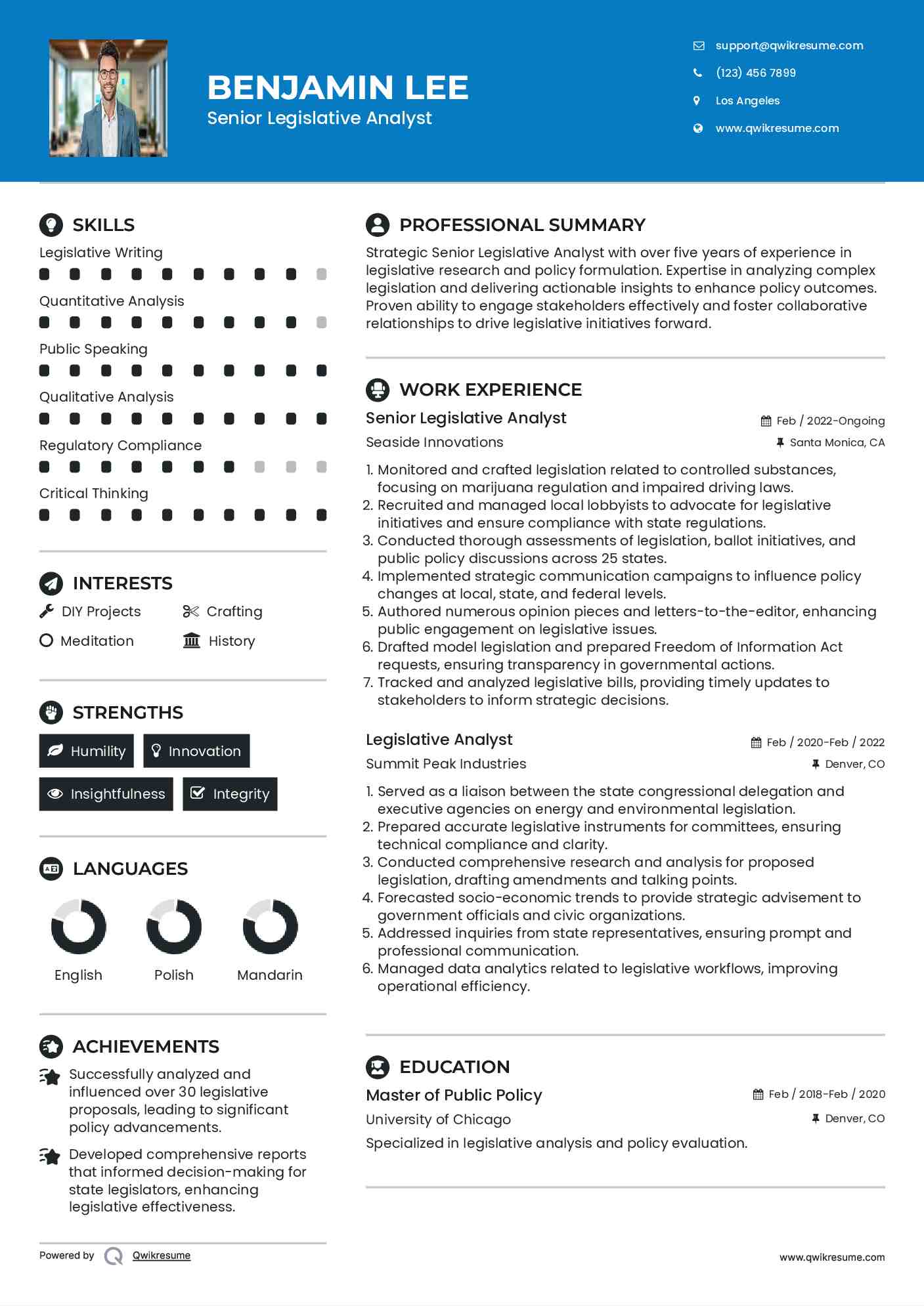Senior Legislative Analyst Resume Sample