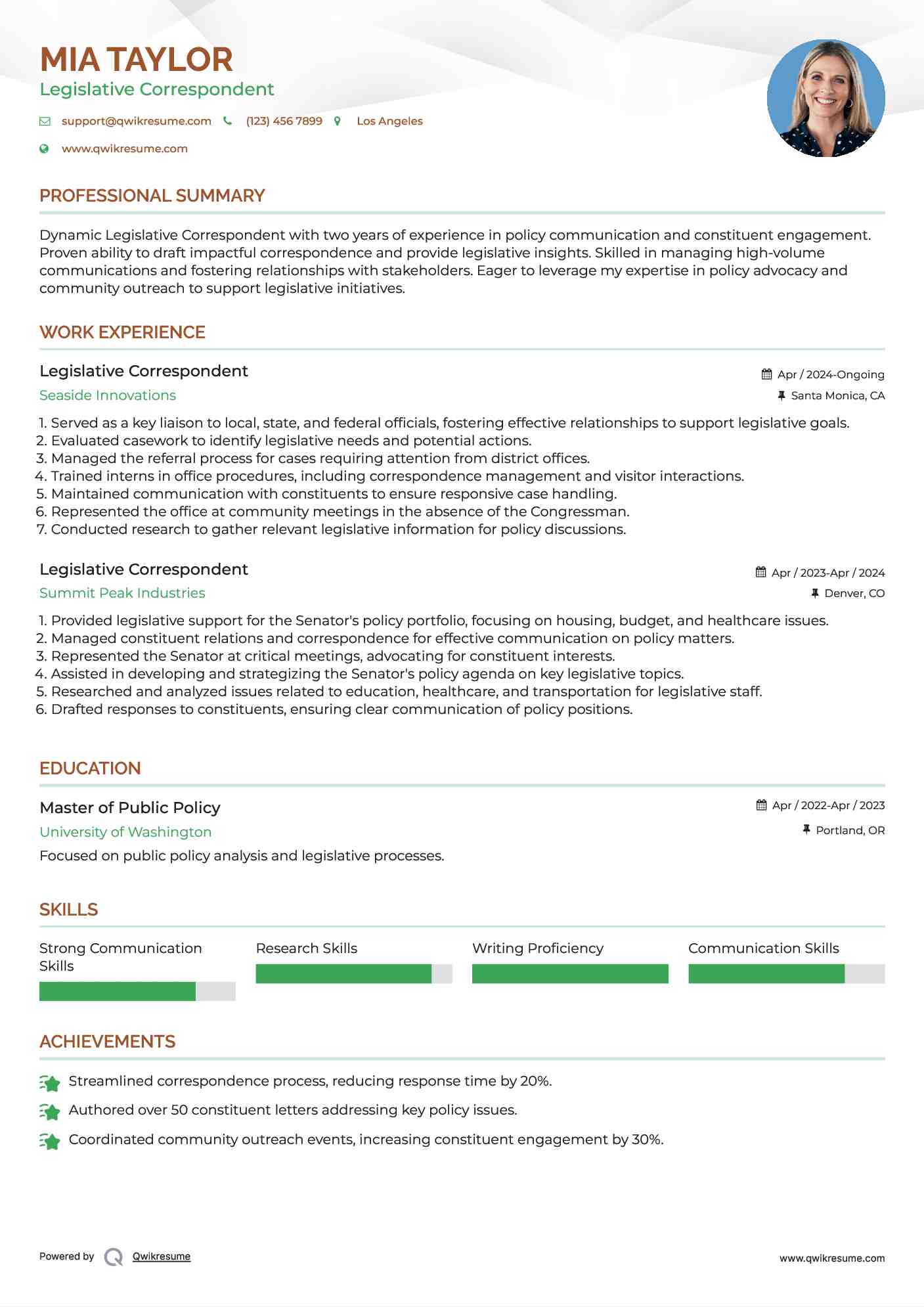 Legislative Correspondent Resume Template