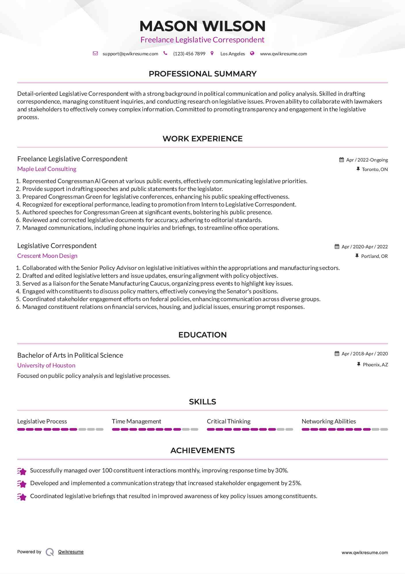 Freelance Legislative Correspondent Resume Format