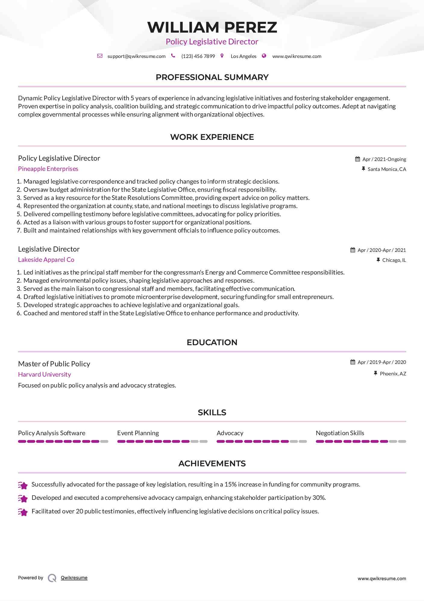 Policy Legislative Director Resume Format