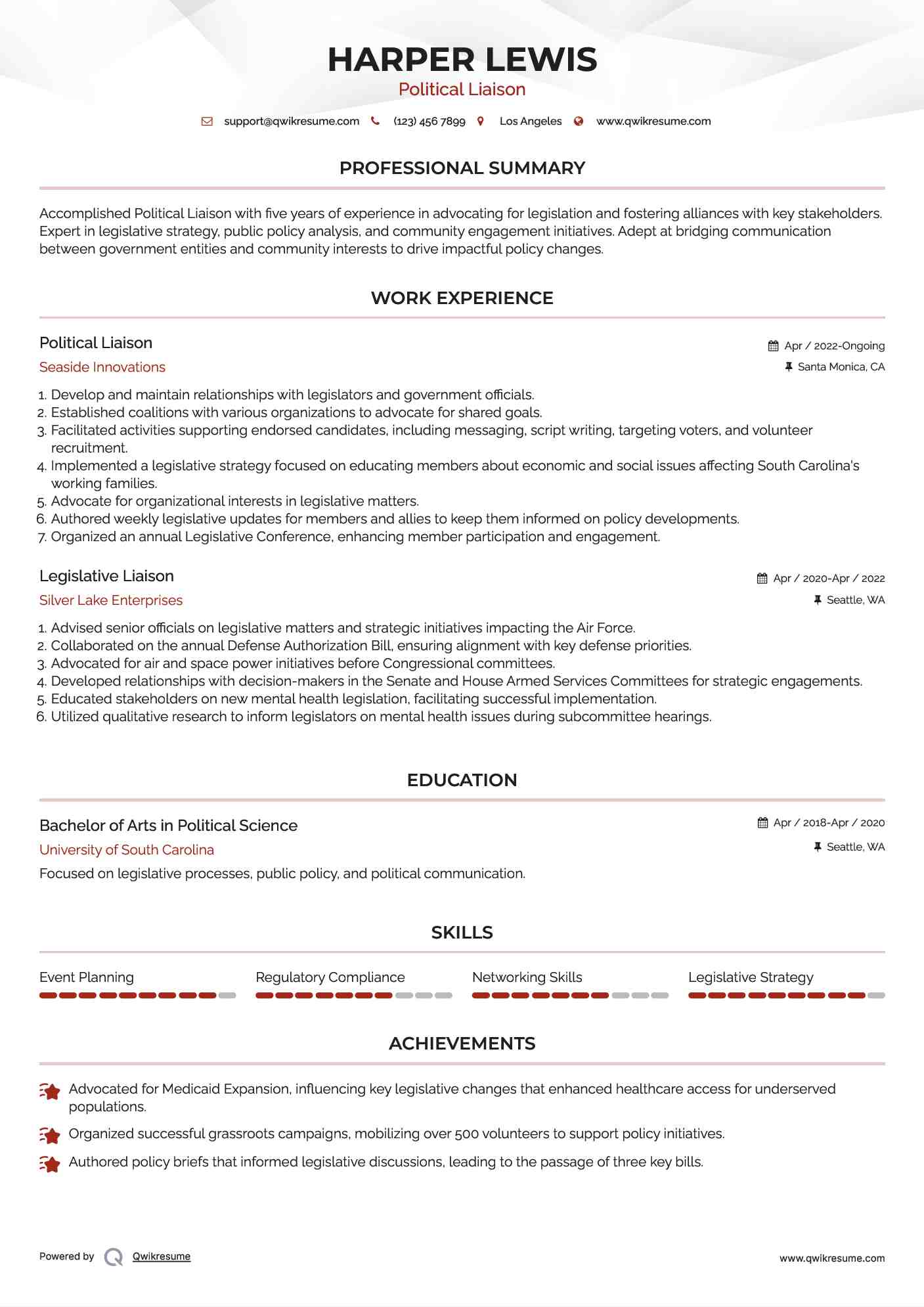 Political Liaison Resume Sample