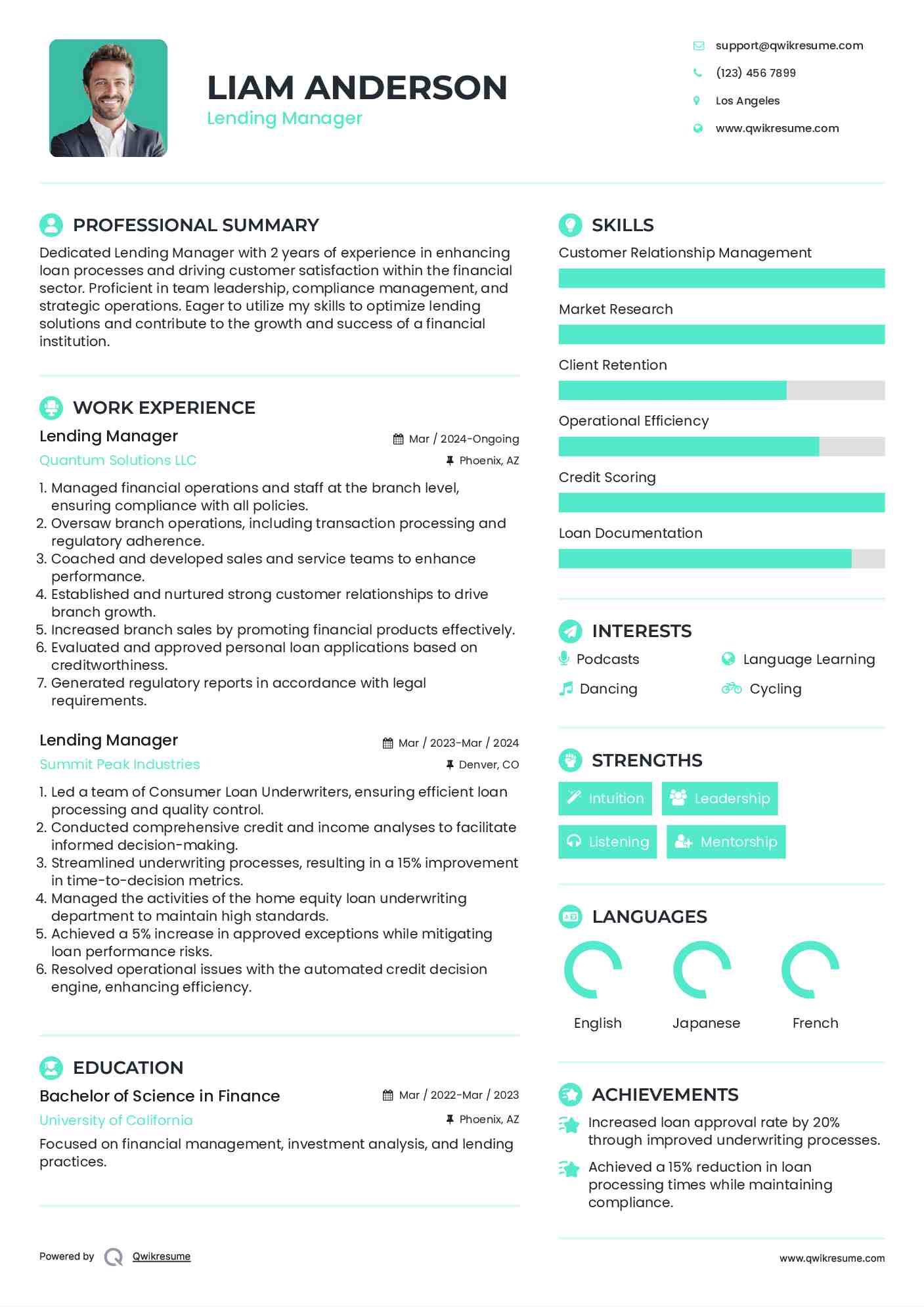 Lending Manager Resume Example