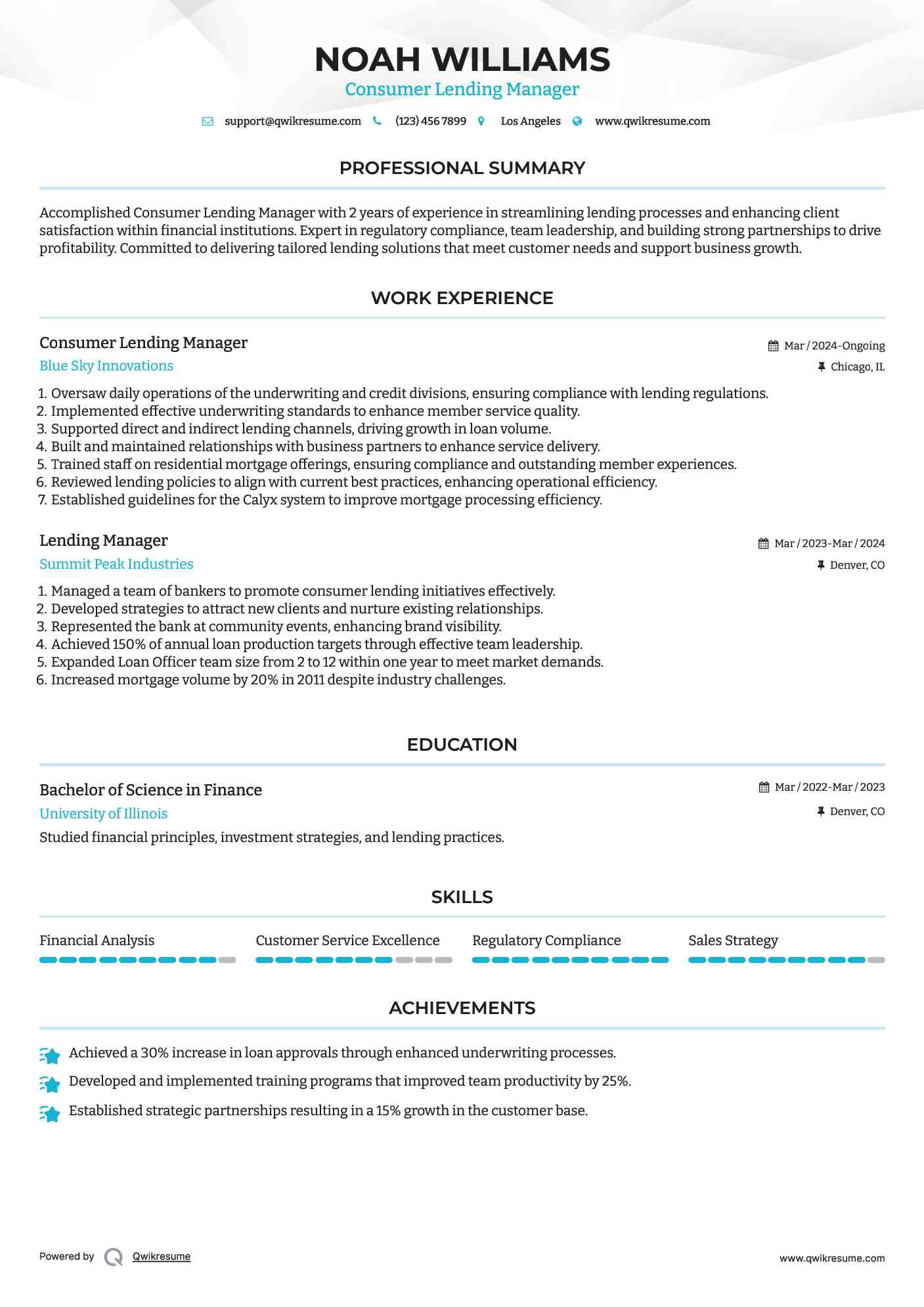 Consumer Lending Manager Resume Example