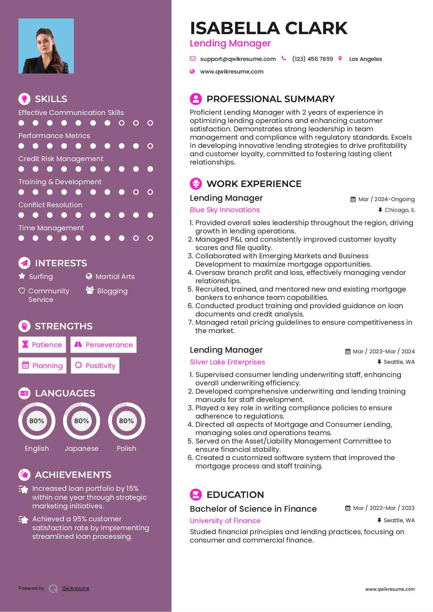 Lending Manager Resume Template