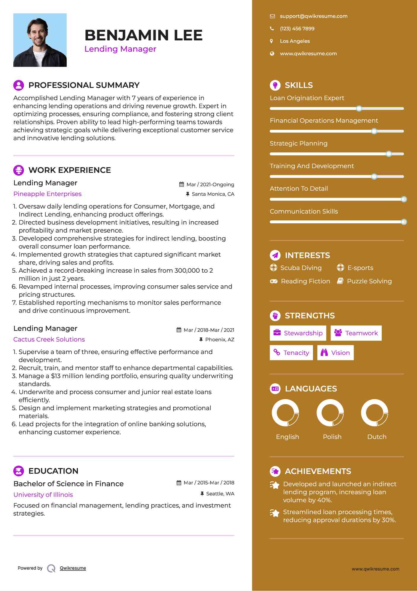 Lending Manager Resume Sample