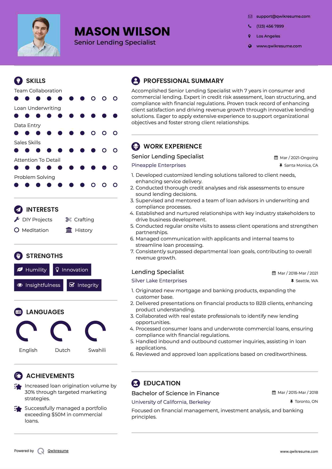 Senior Lending Specialist Resume Template