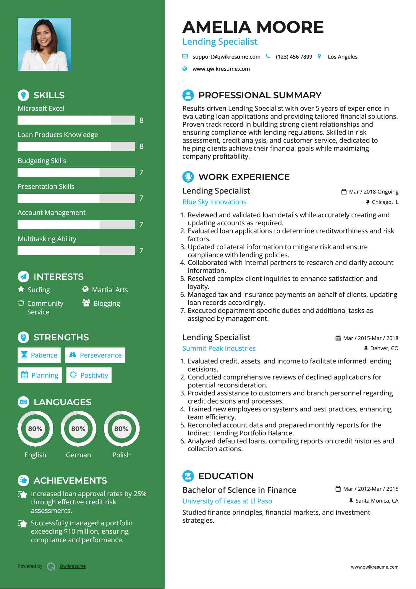 Lending Specialist Resume Example