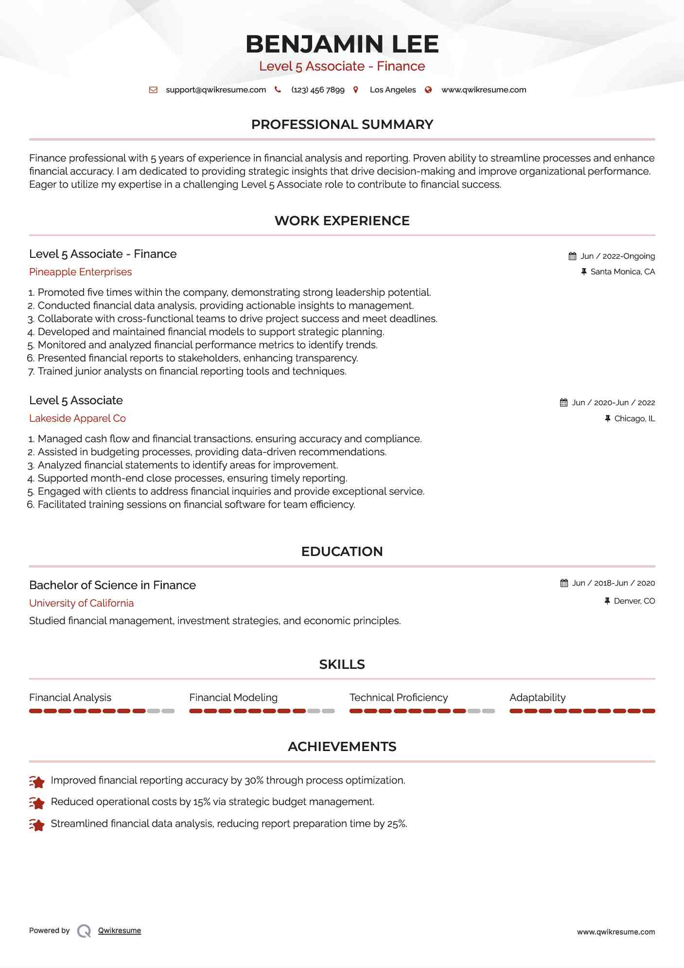 Level 5 Associate - Finance Resume Model
