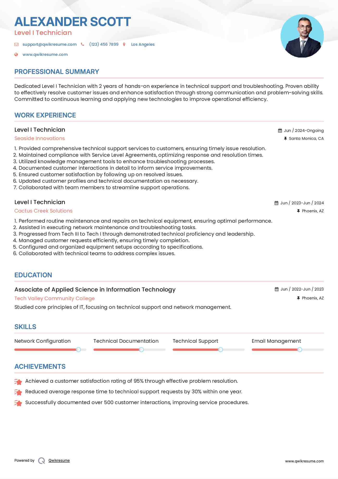 Level I Technician Resume Example