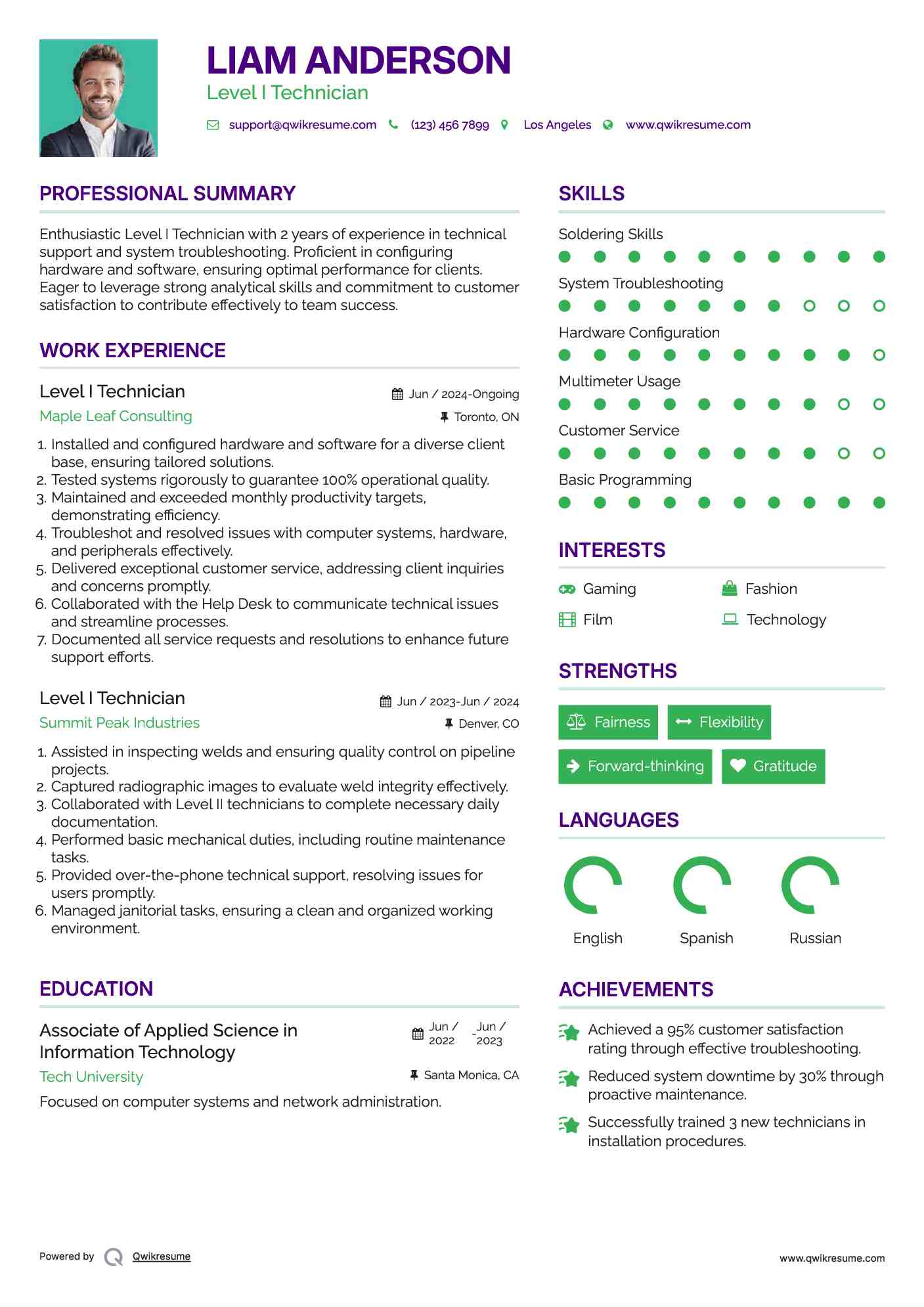 Level I Technician Resume Model