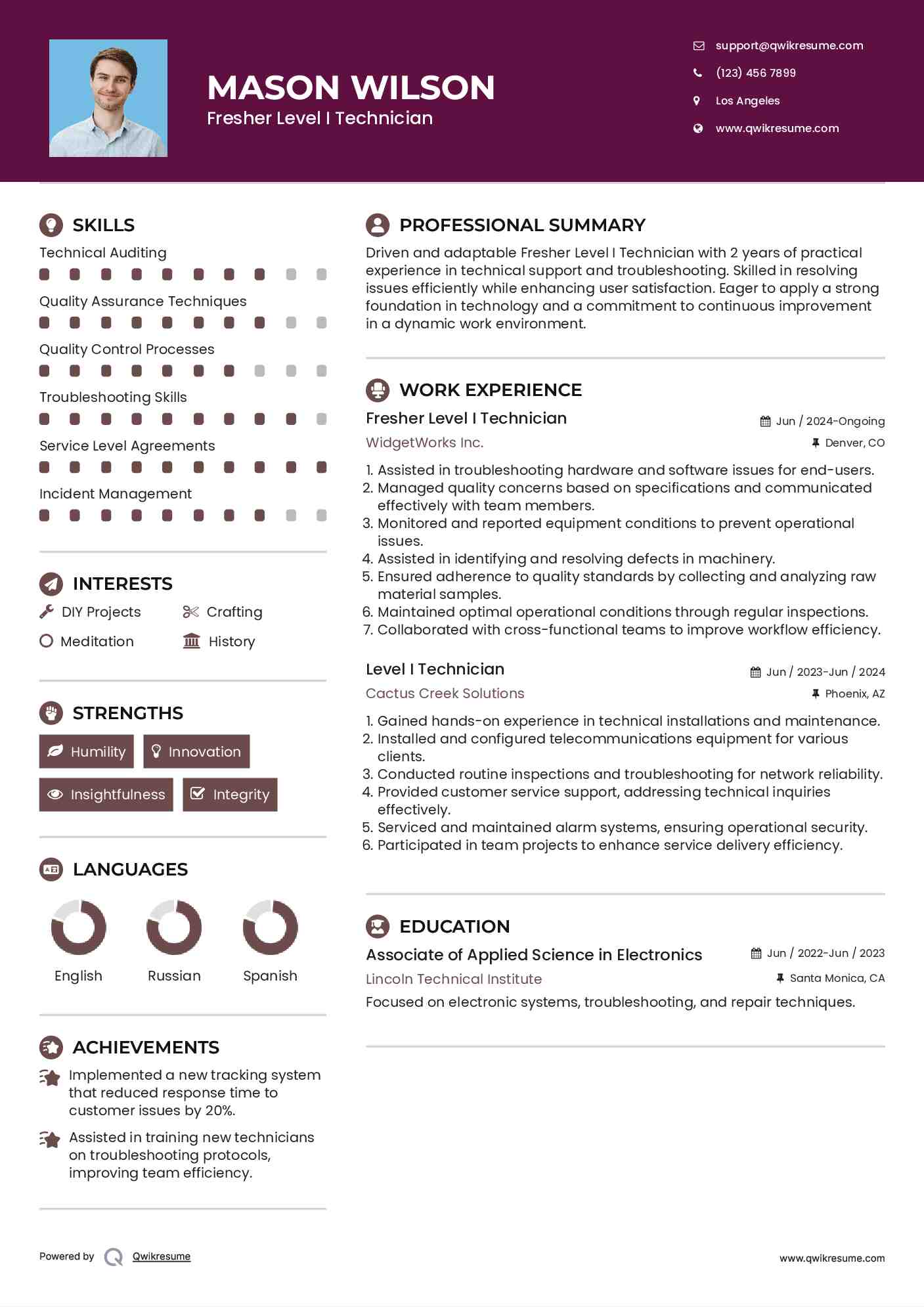 Fresher Level I Technician Resume Example