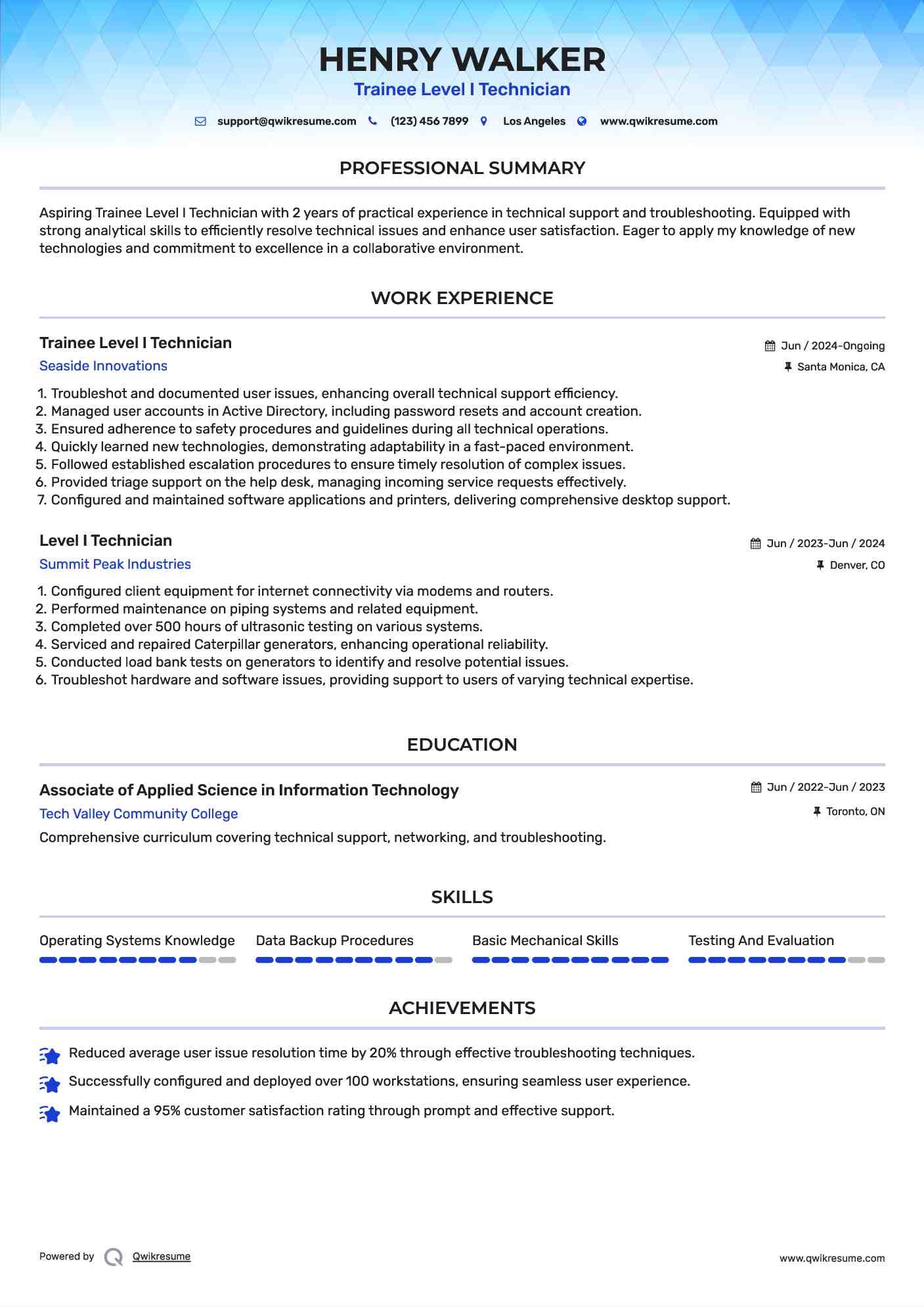 Trainee Level I Technician Resume Template