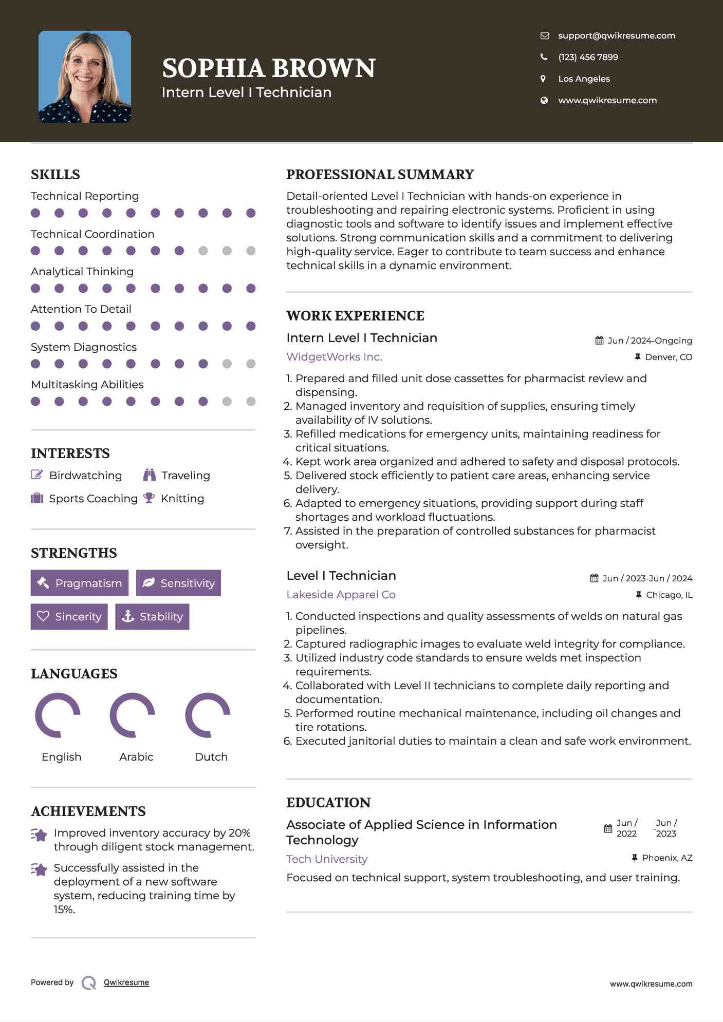 Intern Level I Technician Resume Example