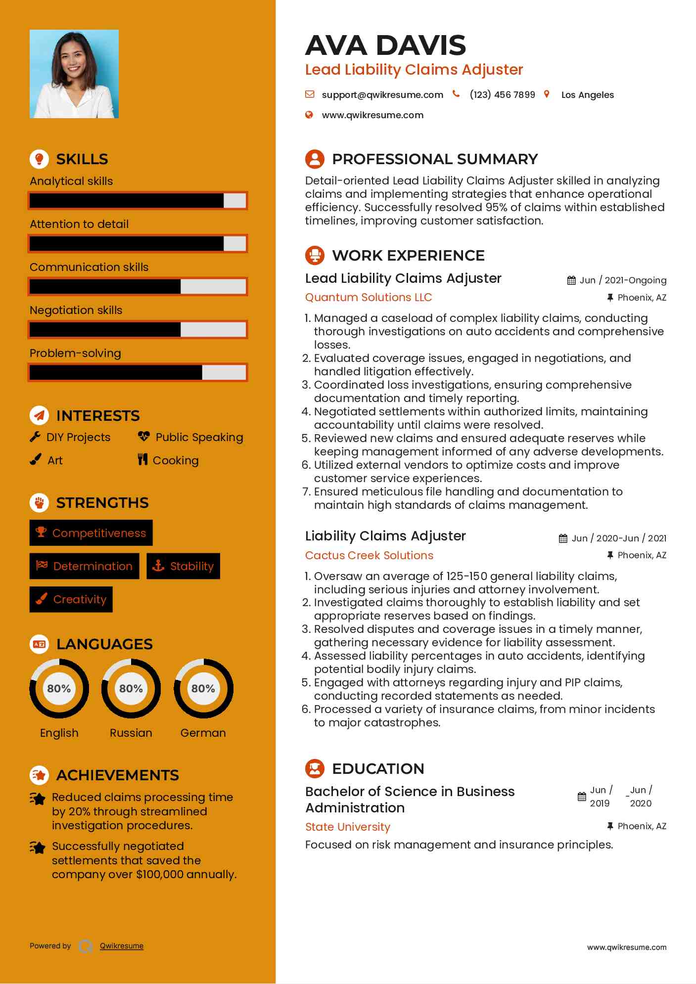 Lead Liability Claims Adjuster Resume Example