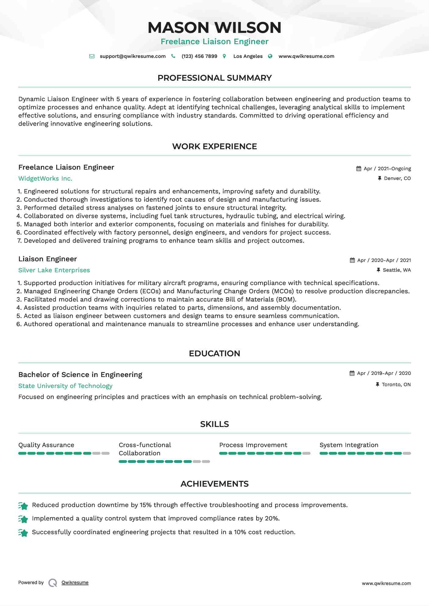 Freelance Liaison Engineer Resume Template