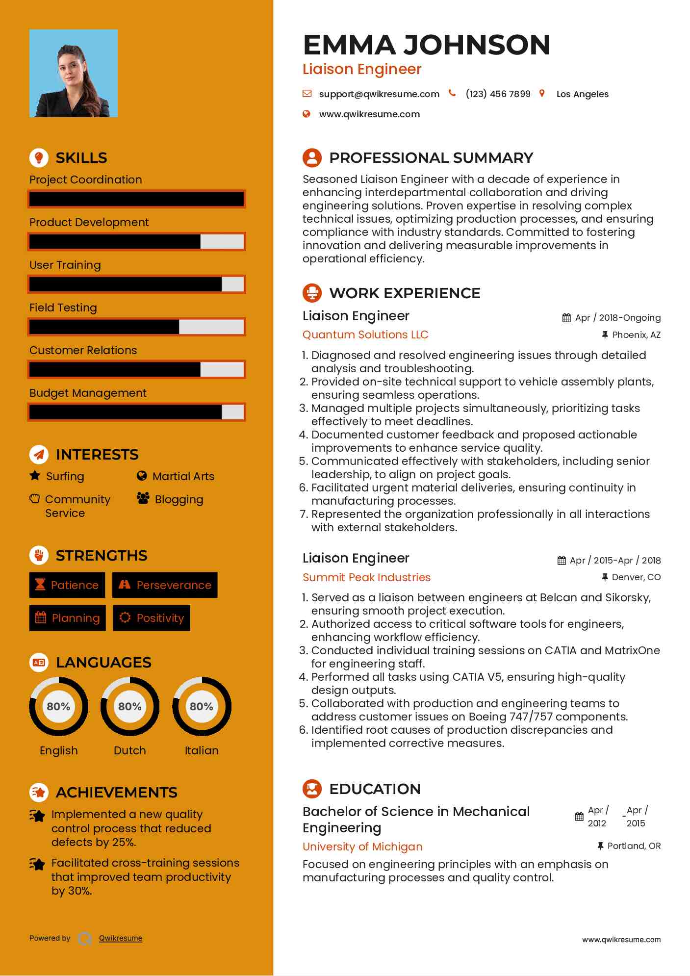 Liaison Engineer Resume Example