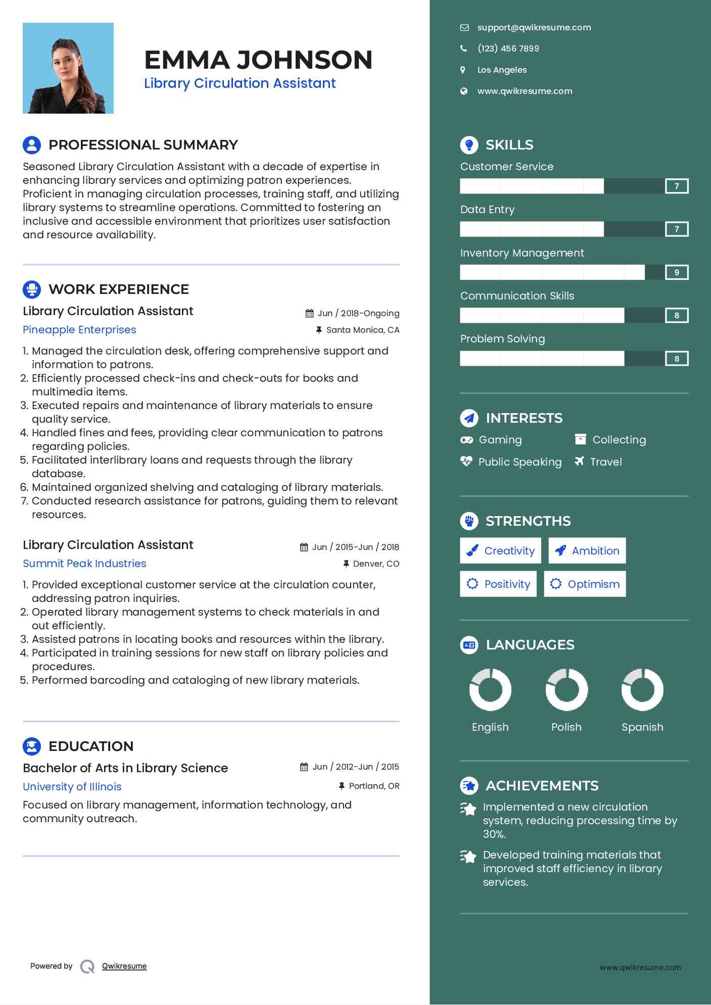 Library Circulation Assistant Resume Template